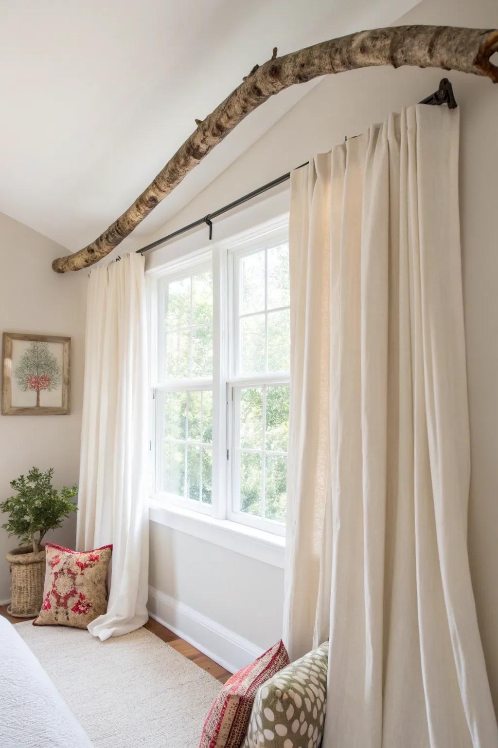 Elevate your space with a touch of nature: a rustic branch curtain rod combines simplicity and charm for a unique decor statement.