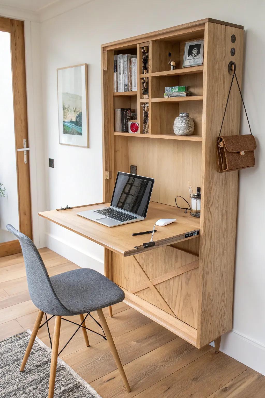 A tidy Murphy desk with hidden recessed power and a clean cord pass-through—no messy drilling later.