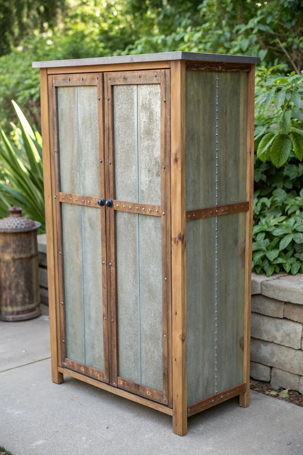 Unveil the charm of industrial elegance with weathered metal cabinet doors.