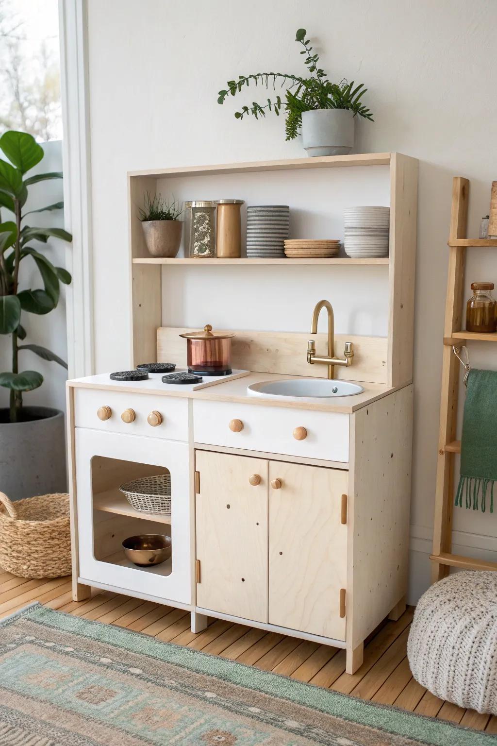 Slim vertical wooden play kitchen—tiny sink, stacked shelves, big pretend-cooking charm.
