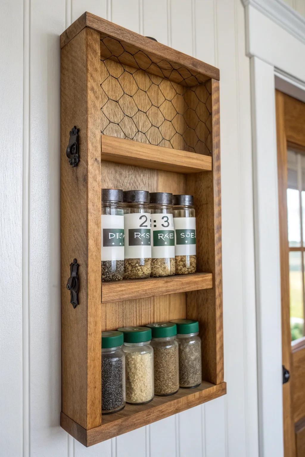 Farmhouse door spice rack with chicken wire—handmade wood storage that shows every label.