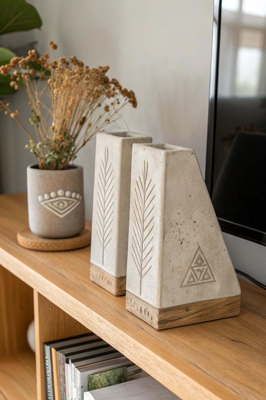 Elevate your bookshelf with handcrafted charm: DIY concrete bookends that blend minimalist aesthetics with a touch of Boho elegance.