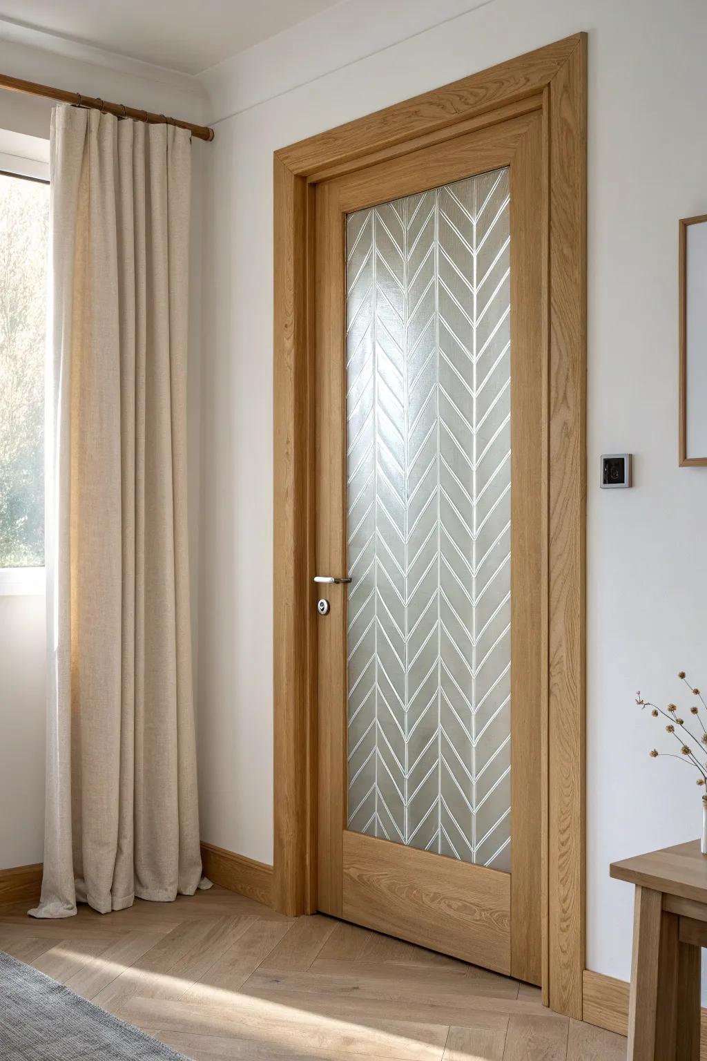 Patterned frosted film turns a glass door into chic “custom” privacy—no fabric needed.