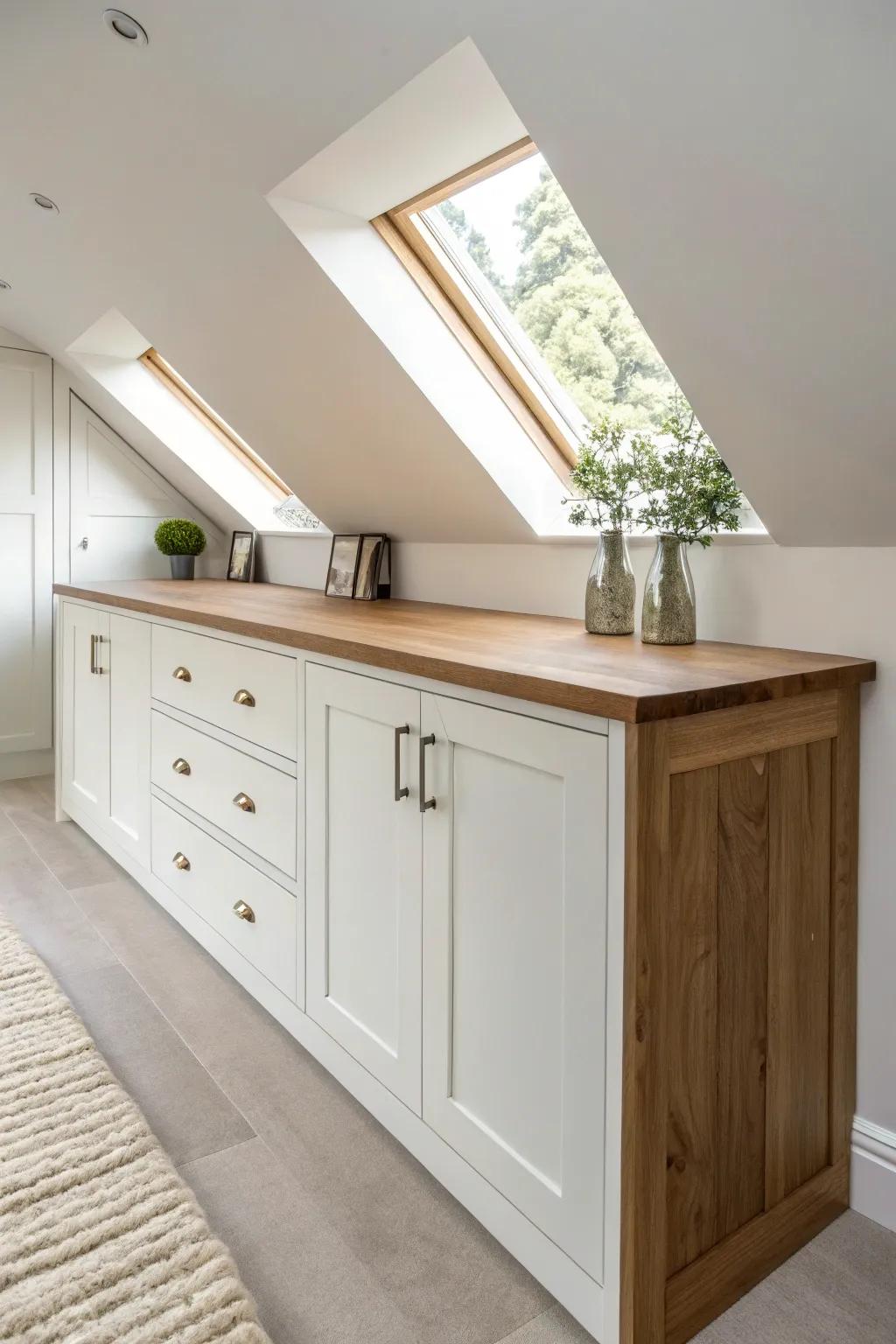 Low dormer cabinets with a seamless wood countertop—calm storage plus a beautiful landing zone.