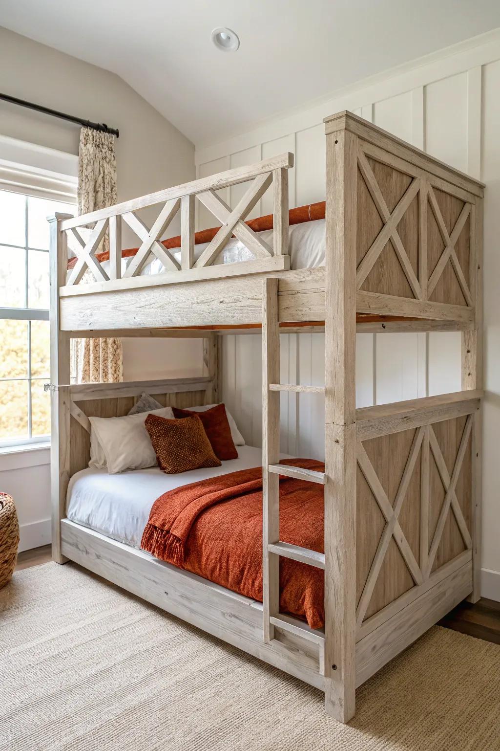 Modern farmhouse double deck bed with X-brace rails—simple lines, cozy rustic charm.