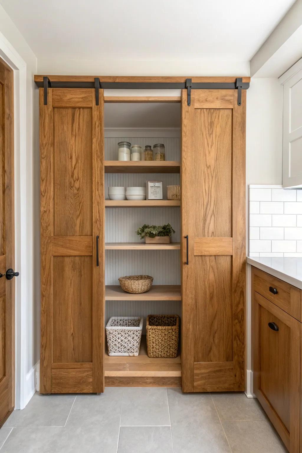 A hidden butcher-block counter inside double pantry doors—clean, cozy, and kitchen-saving.