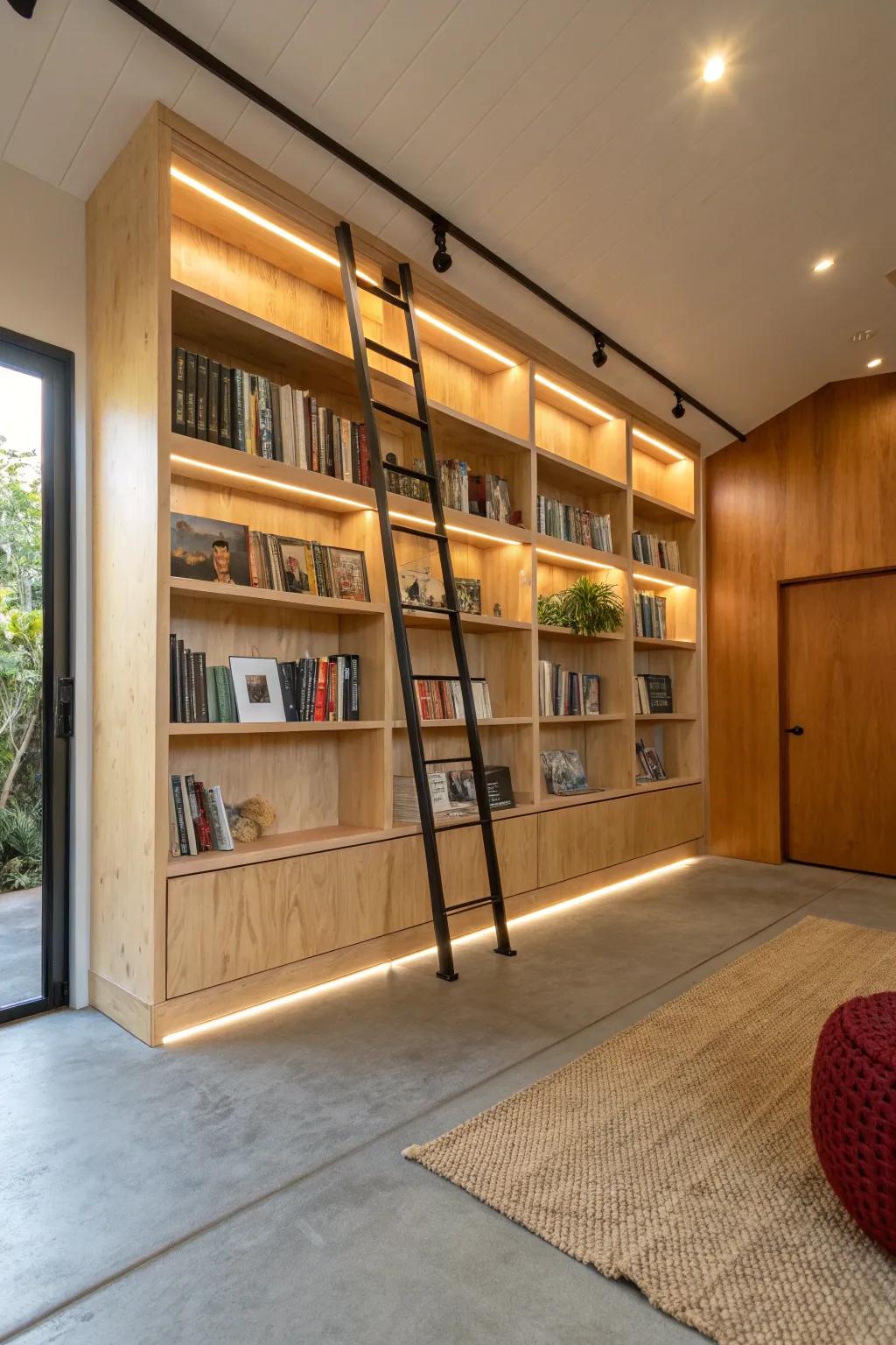 Cozy garage-to-library makeover: floor-to-ceiling shelves with a chic rolling ladder.