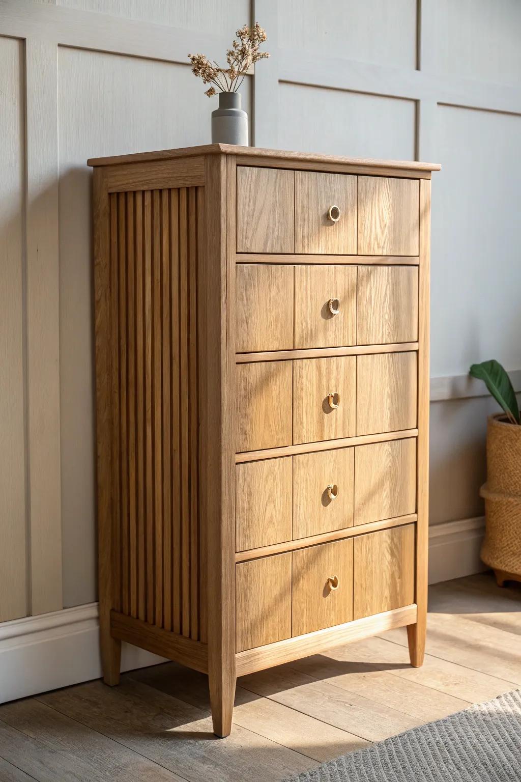 Diagonal board-and-batten drawer front: rustic barn charm with clean Scandinavian lines.