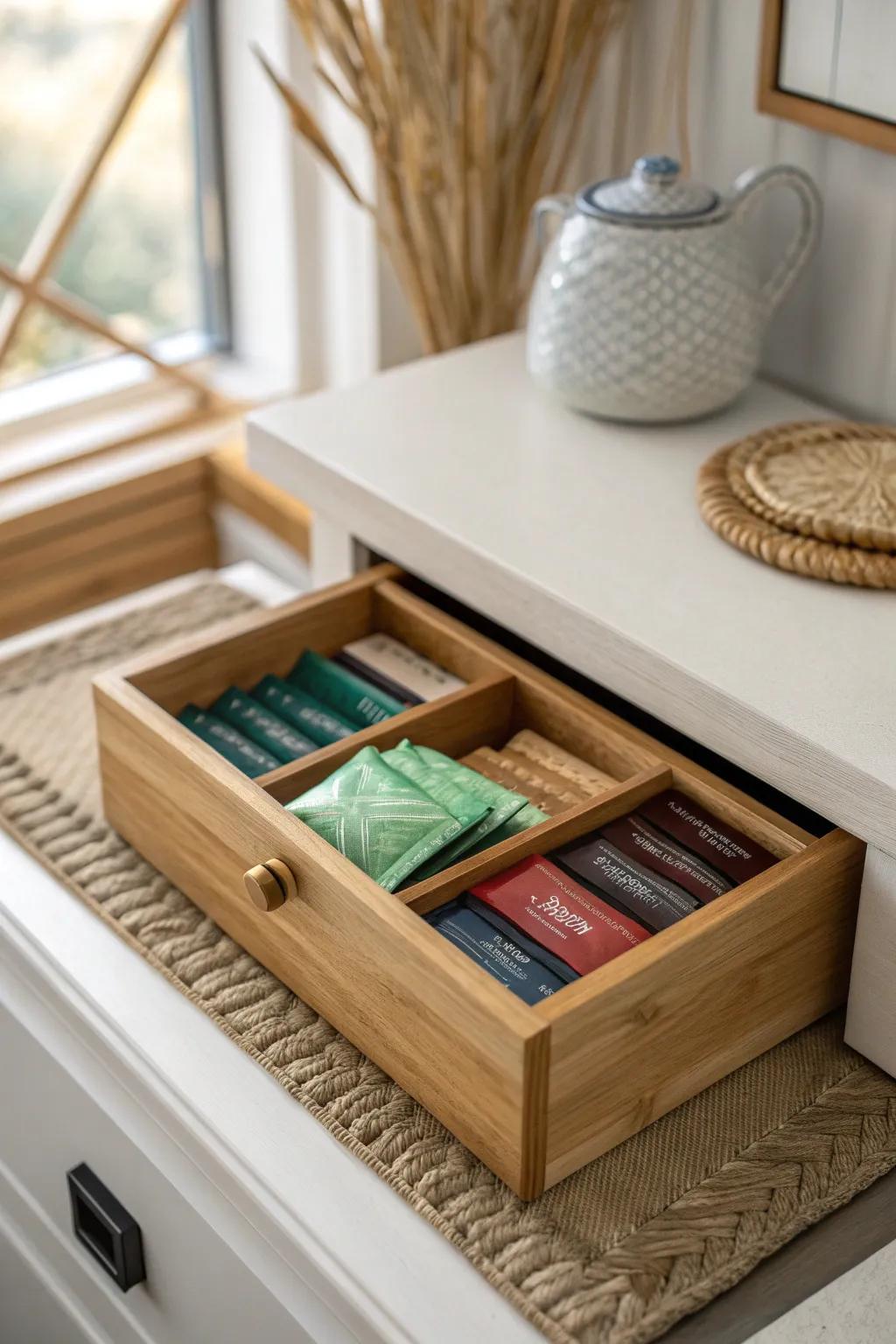 Calm your drawers: decant tea and snacks into one beautiful lidded wooden box for instant order.