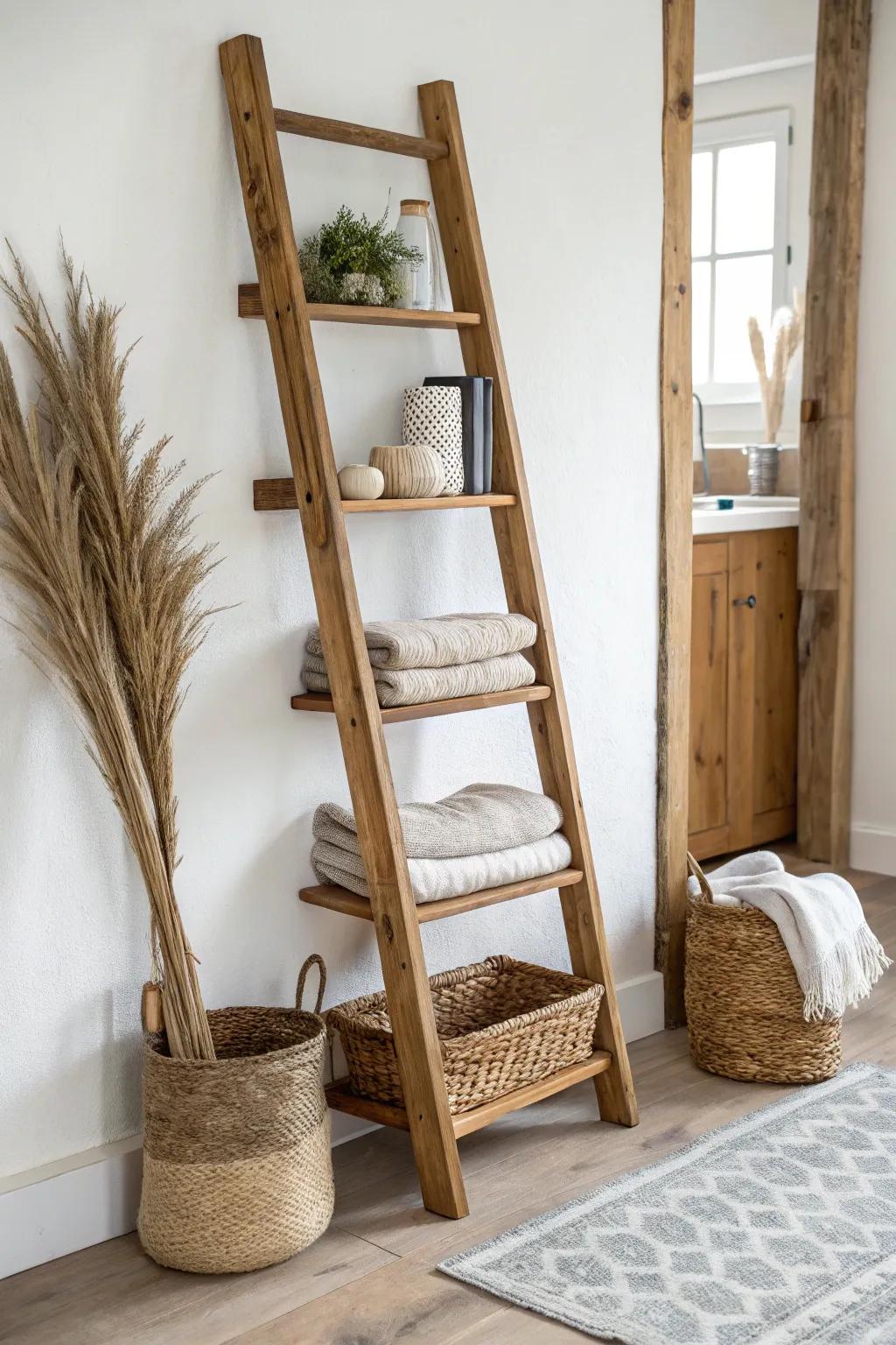 A chunky reclaimed-wood ladder shelf: folded denim up top, baskets below—simple and stunning.