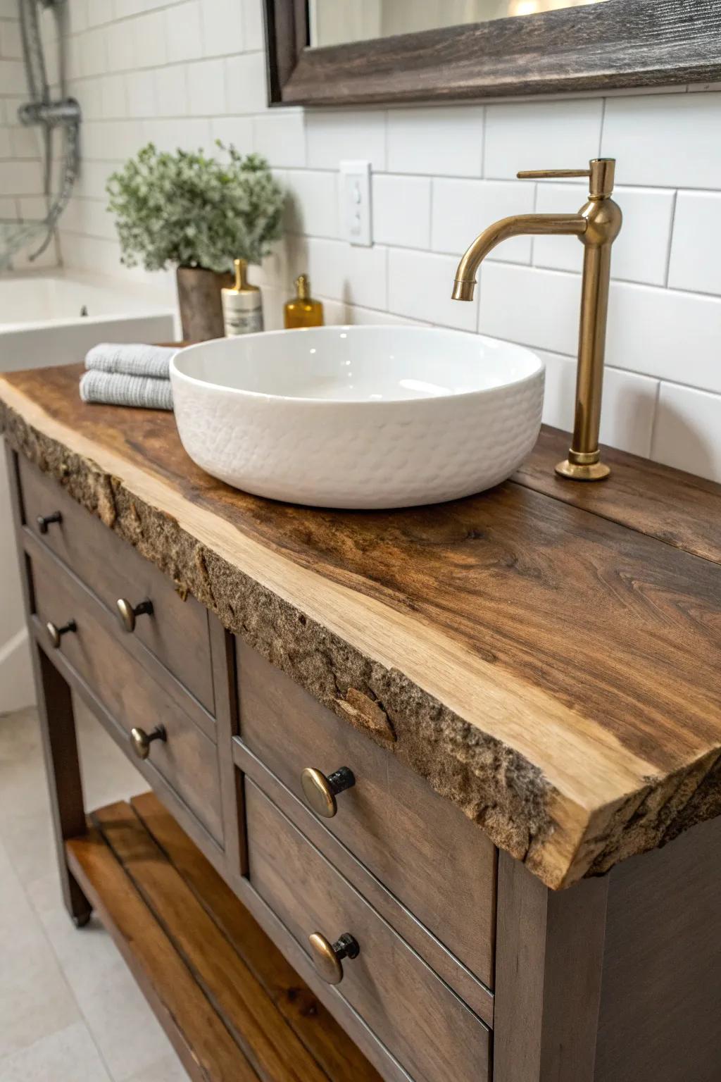 Live-edge wood slab on a dresser vanity—organic warmth against crisp, clean tile.