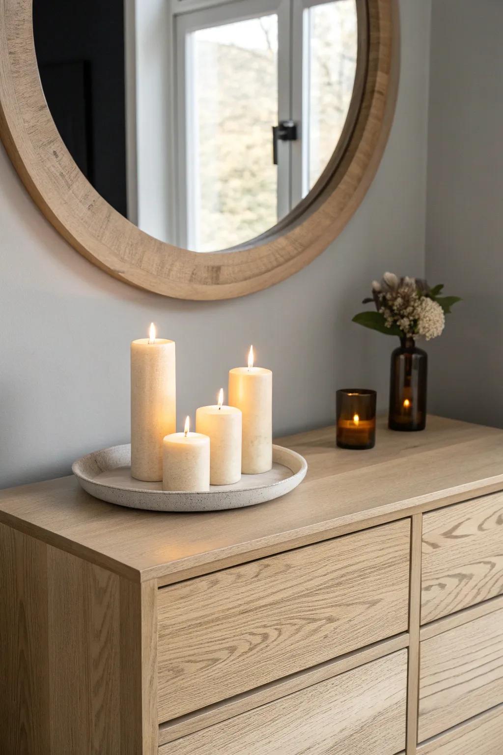 Three candles beneath the mirror double the glow—keep them on a tray to protect the wood.