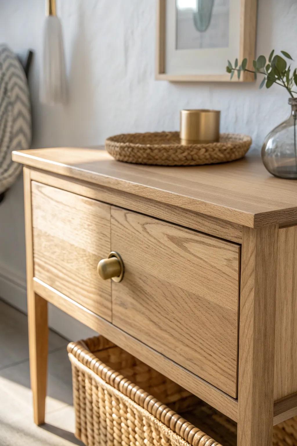 One brushed brass knob upgrade makes a wooden dressing table look instantly luxe and cohesive.