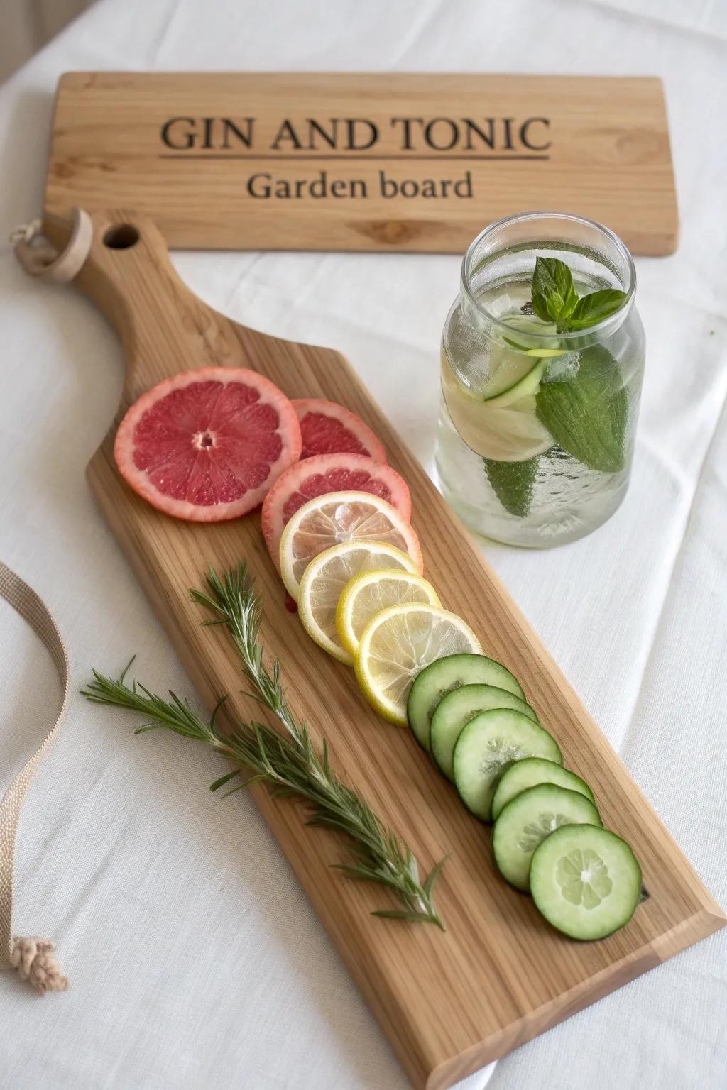 Gin & tonic garden board: oak tray with cucumber ribbons, citrus slices, and a fresh herb corner.