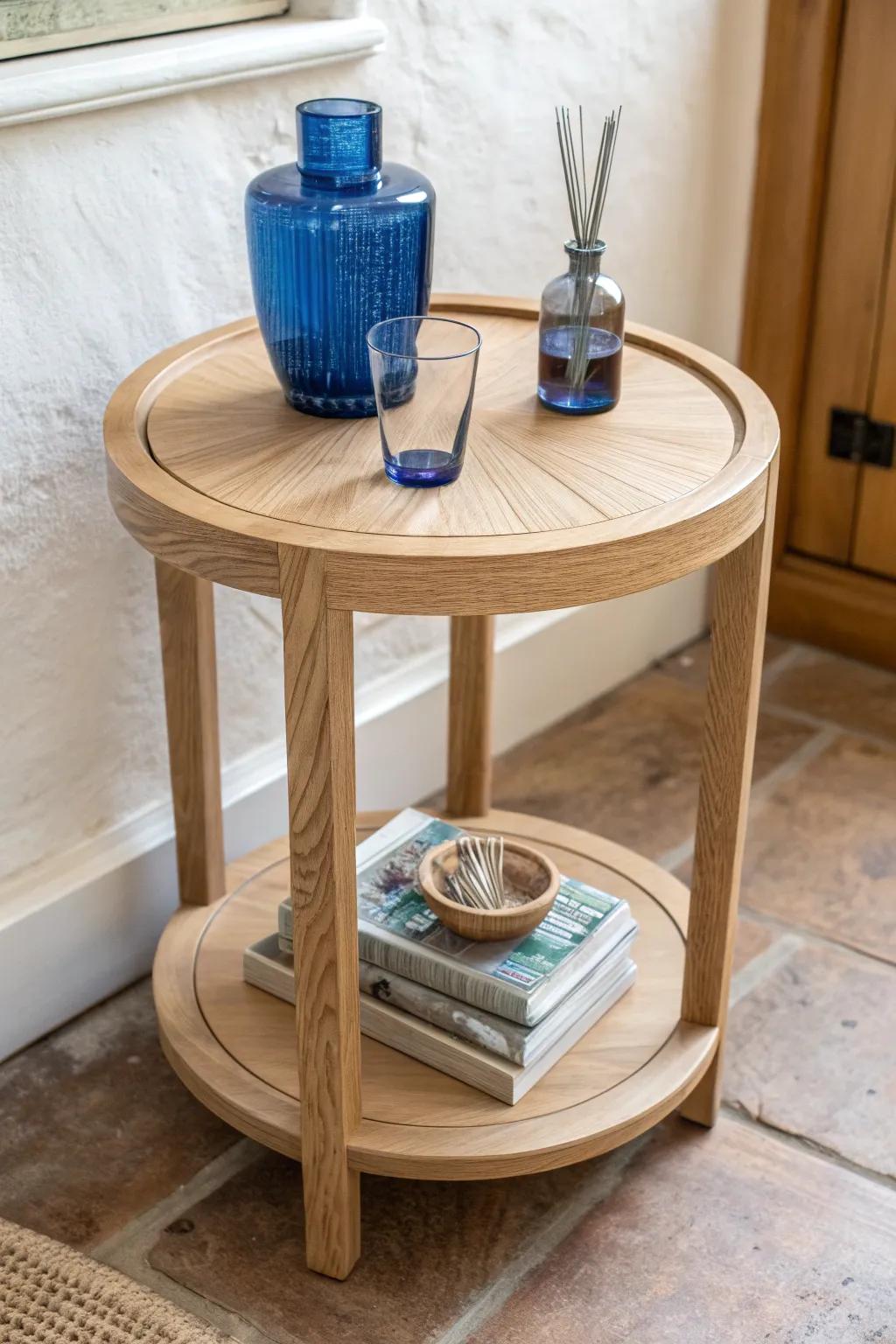 Two-tier oak drinks table: pour up top, stash coasters and extras below—clean, chic, ready.