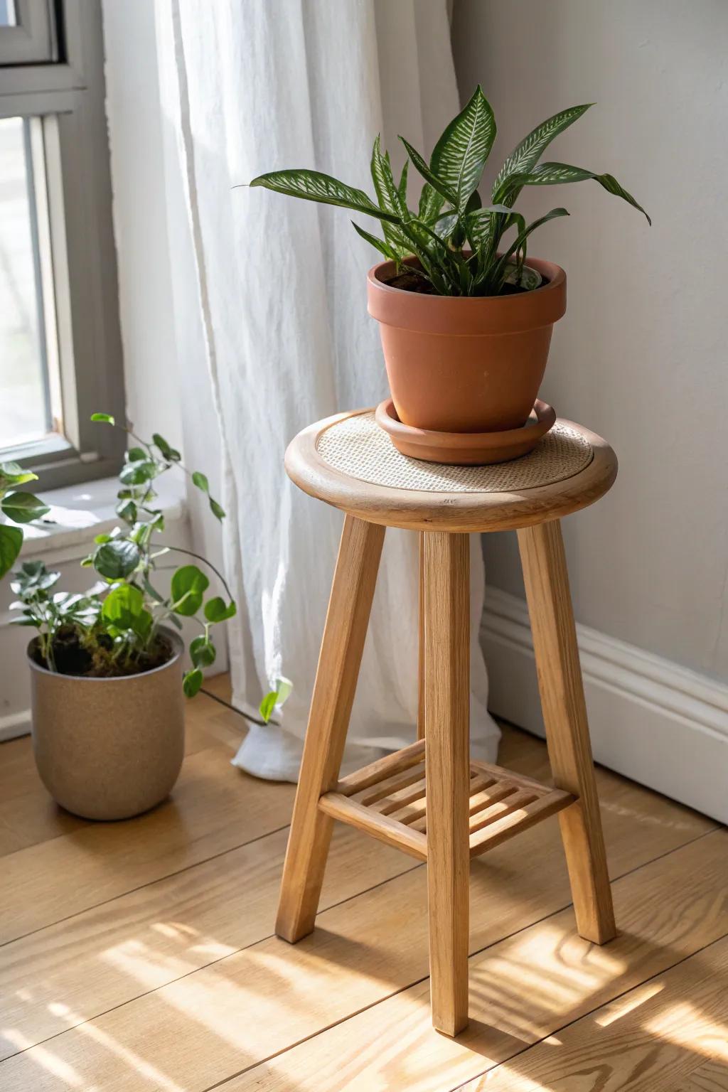 Upcycled wooden stool plant stand—warm oil finish, earthy greens, and handmade charm.