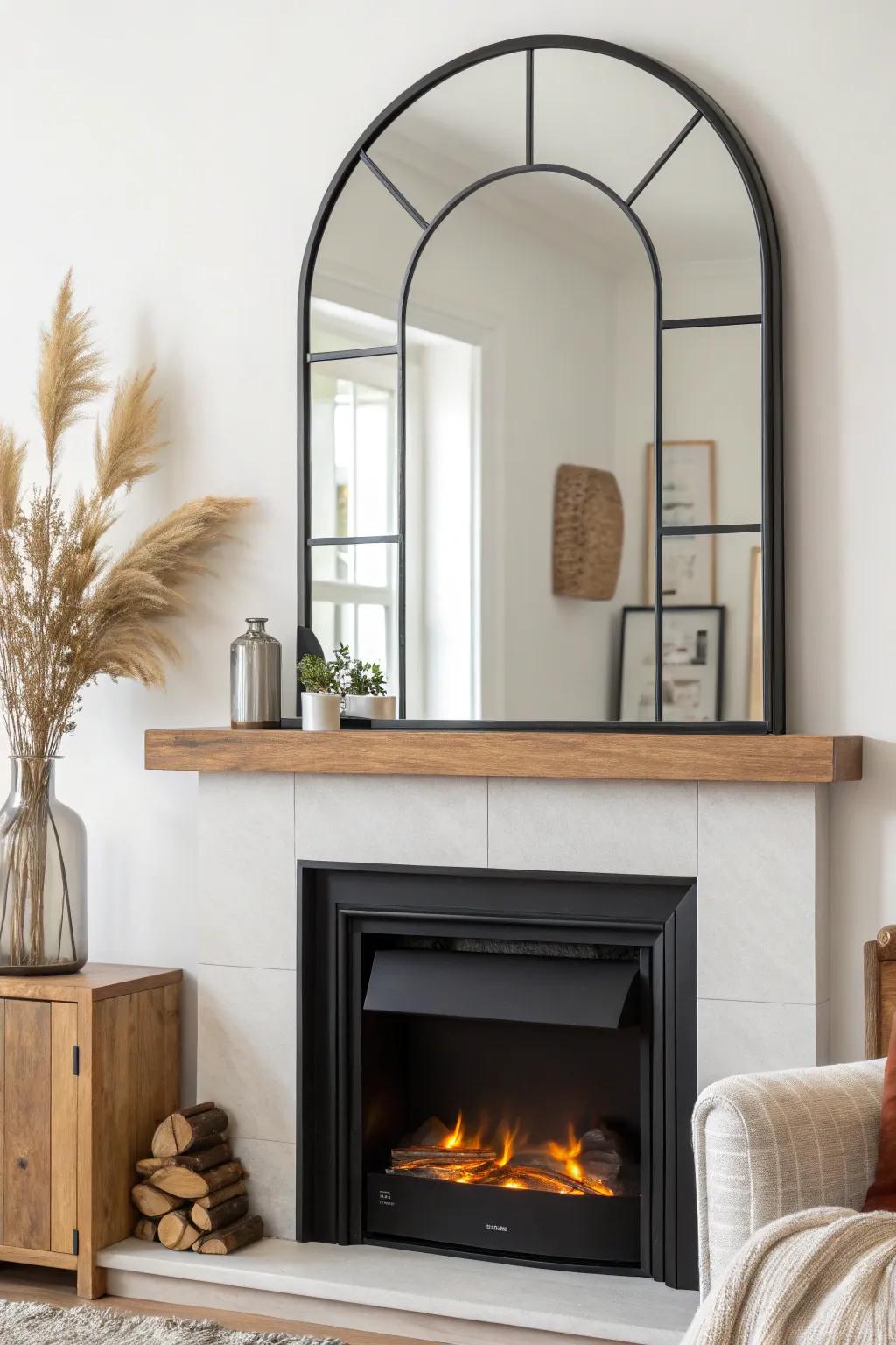 A large mirror above an electric fireplace doubles the glow and makes small rooms feel bigger.