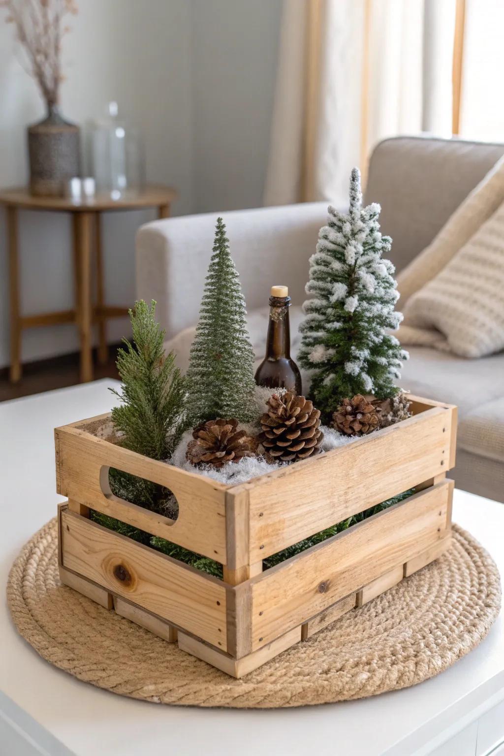 A wood-crate winter mini scene: faux snow, tiny trees, and a bark path for cozy end-table charm.