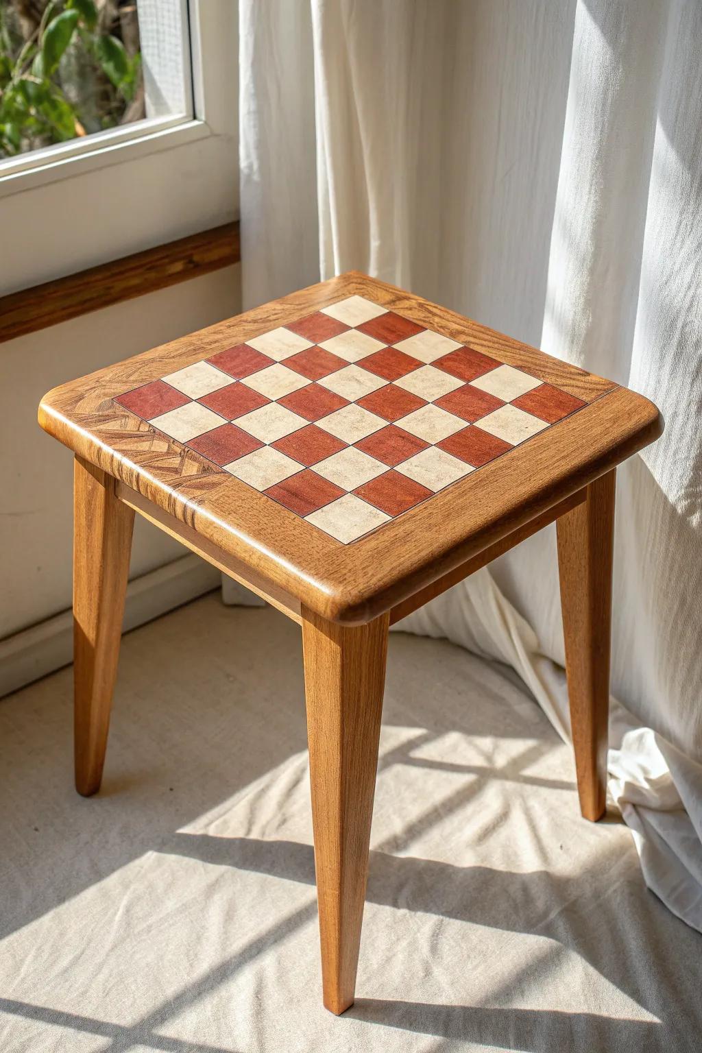 Hand-painted checkerboard end table top—playful, classic, and the perfect nook focal point.