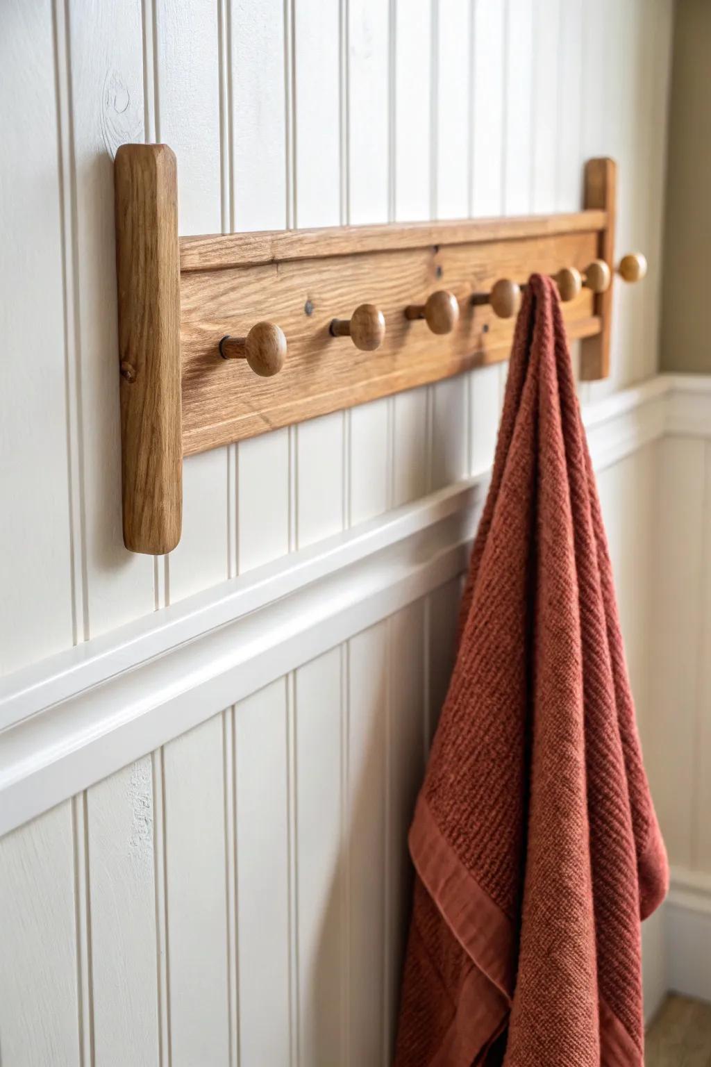 Cottage-correct wooden peg rail—turned pegs, beadboard charm, and a terracotta linen pop.