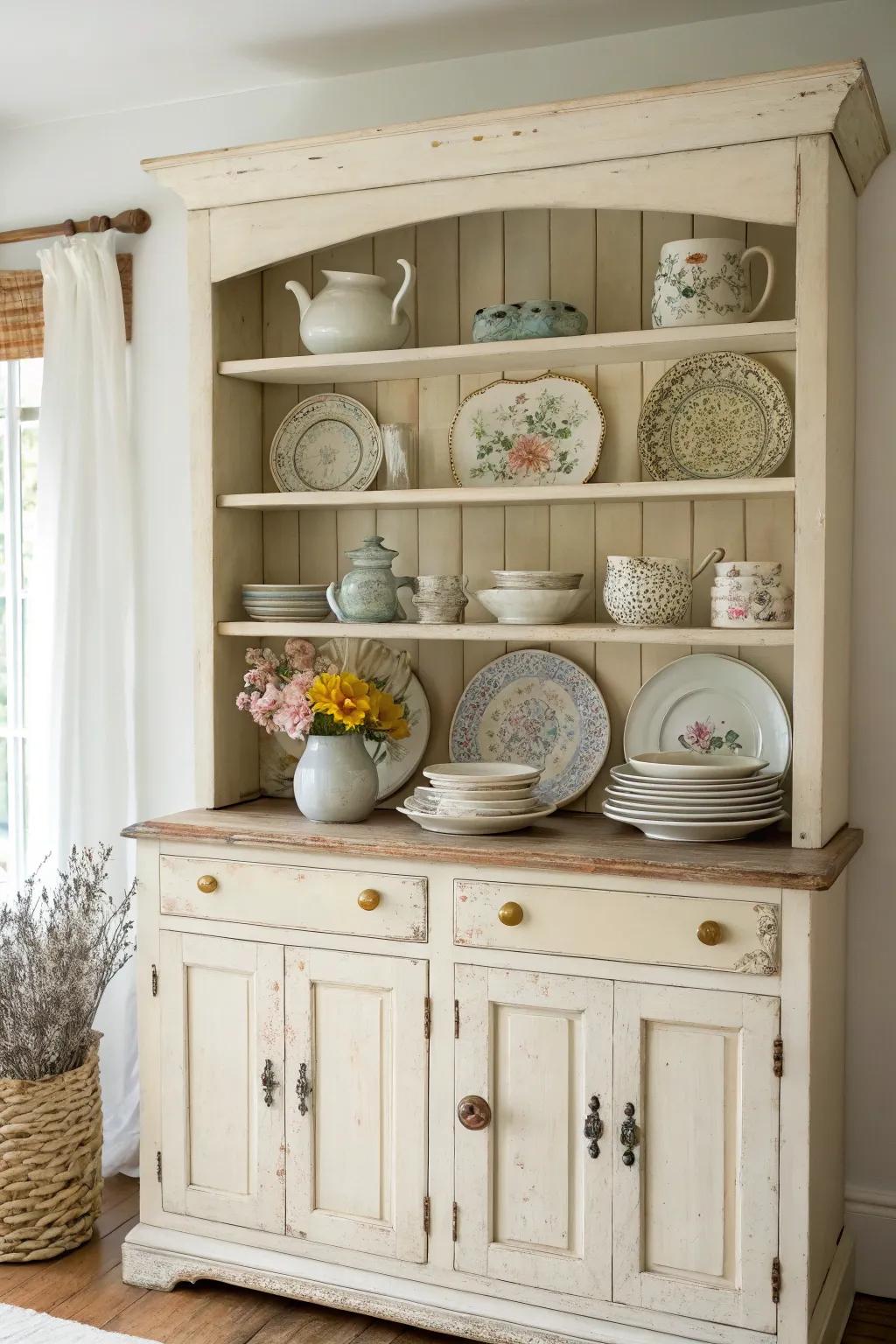 Creamy vintage hutch with curated cottage dishes—soft patina, bold pops, timeless charm.