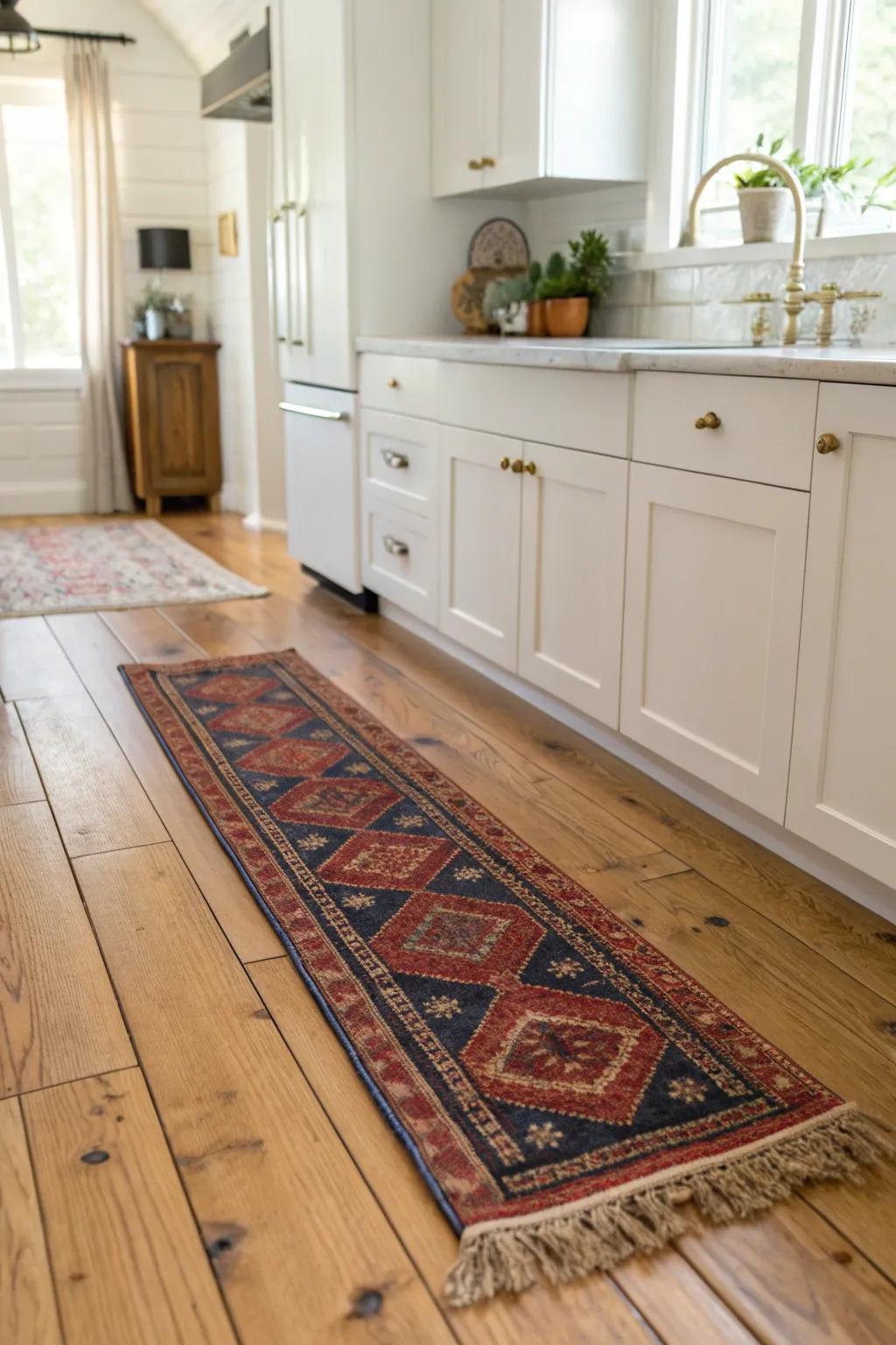 A bold vintage runner on warm wood floors—instant English cottage coziness underfoot.