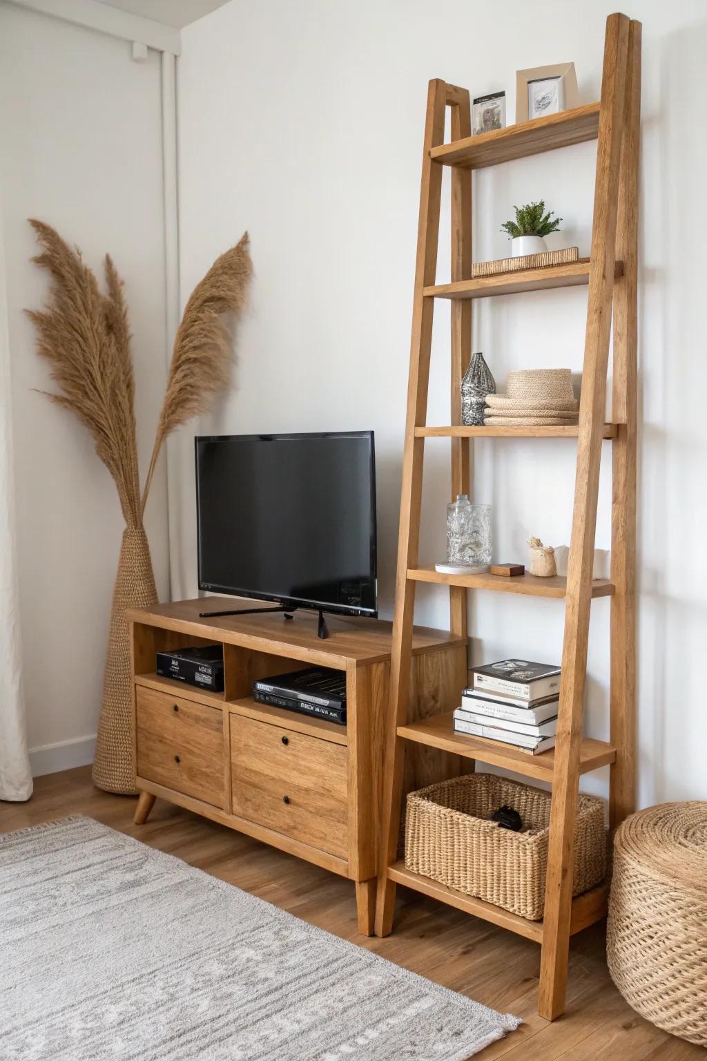 A ladder-shelf TV wall that saves space while adding warm wood craftsmanship and airy style.