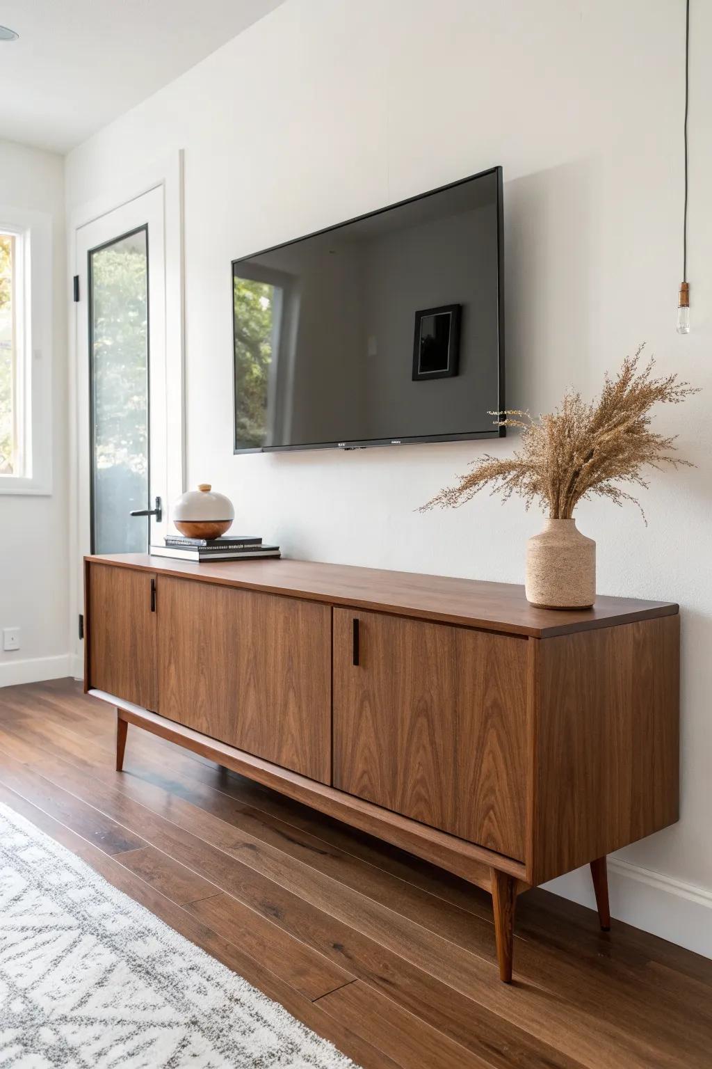 Mid-century wall-hung credenza under a mounted TV—warm walnut, minimal, perfectly grounded.