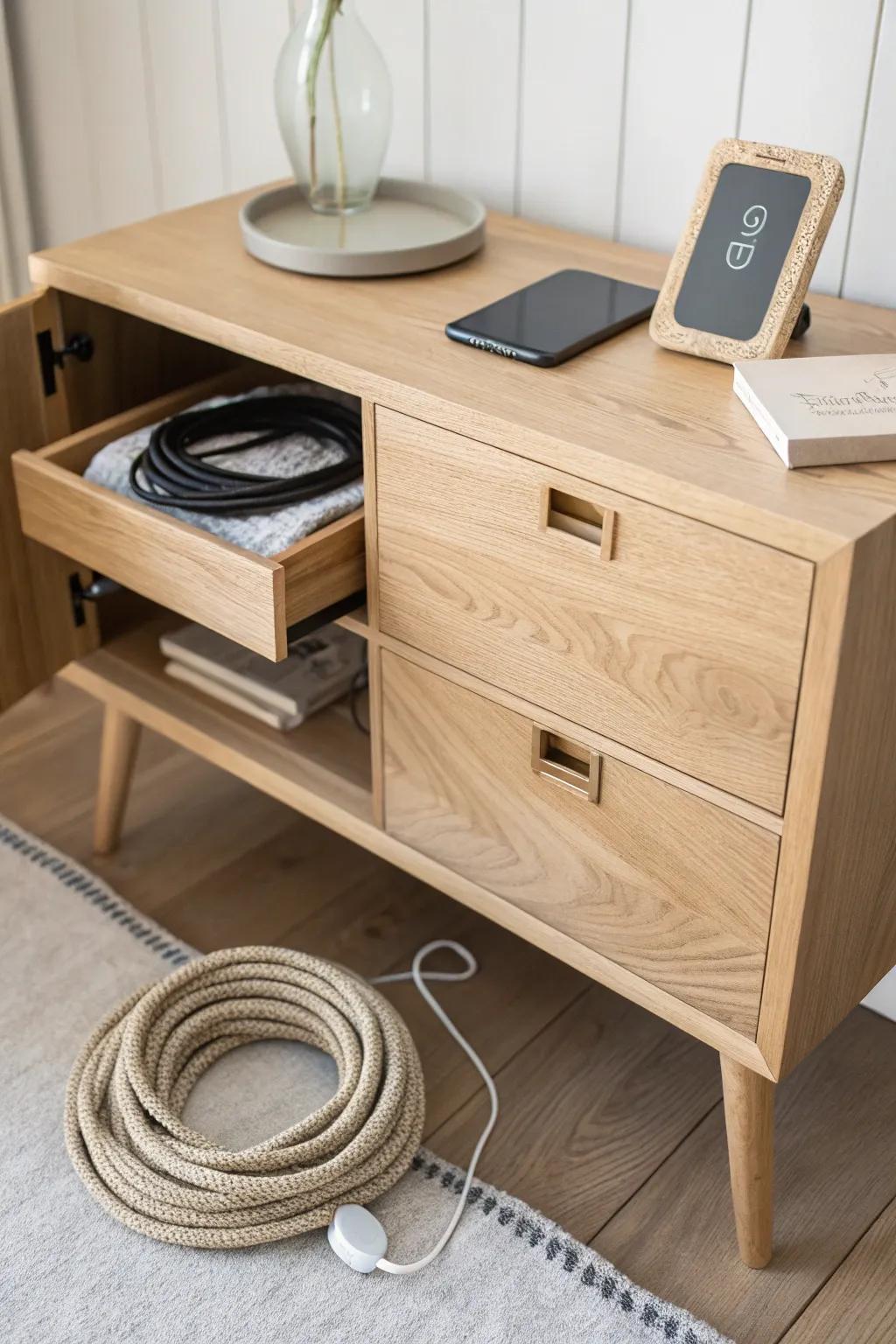 Hidden charging drawer in a light oak entryway cabinet—clutter-free tech storage with style.