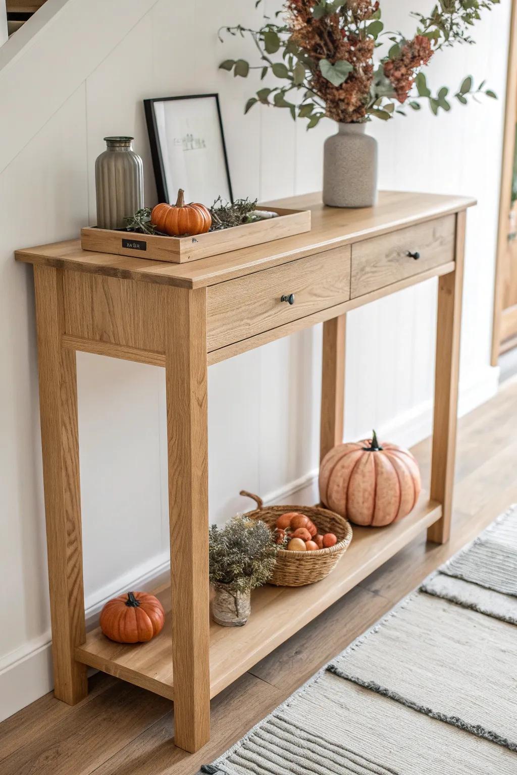 A simple seasonal tray of mini pumpkins keeps your console festive—without restyling the whole table.