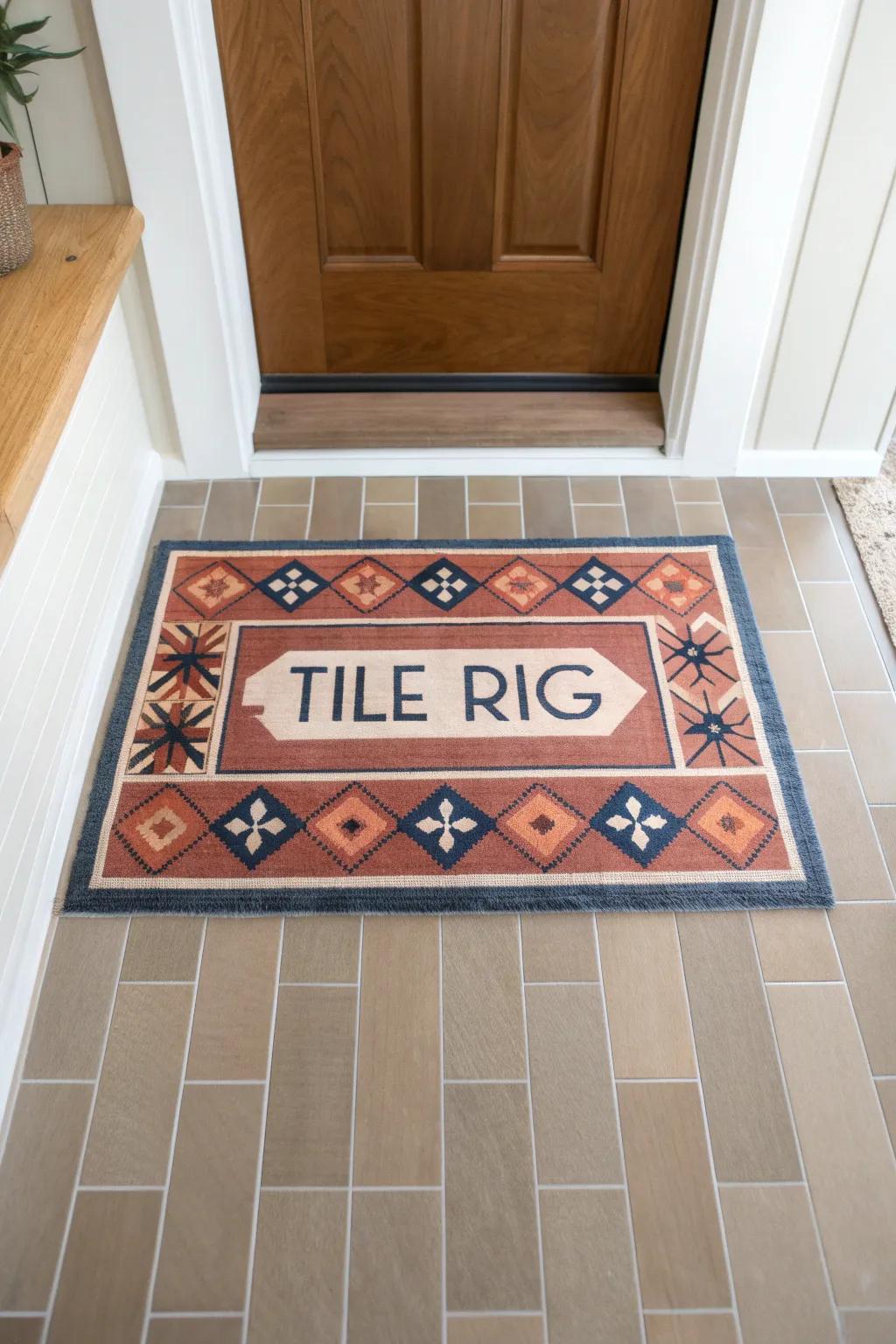 A permanent “tile rug” centerpiece—patterned inlay framed by calm tiles for a styled entryway.