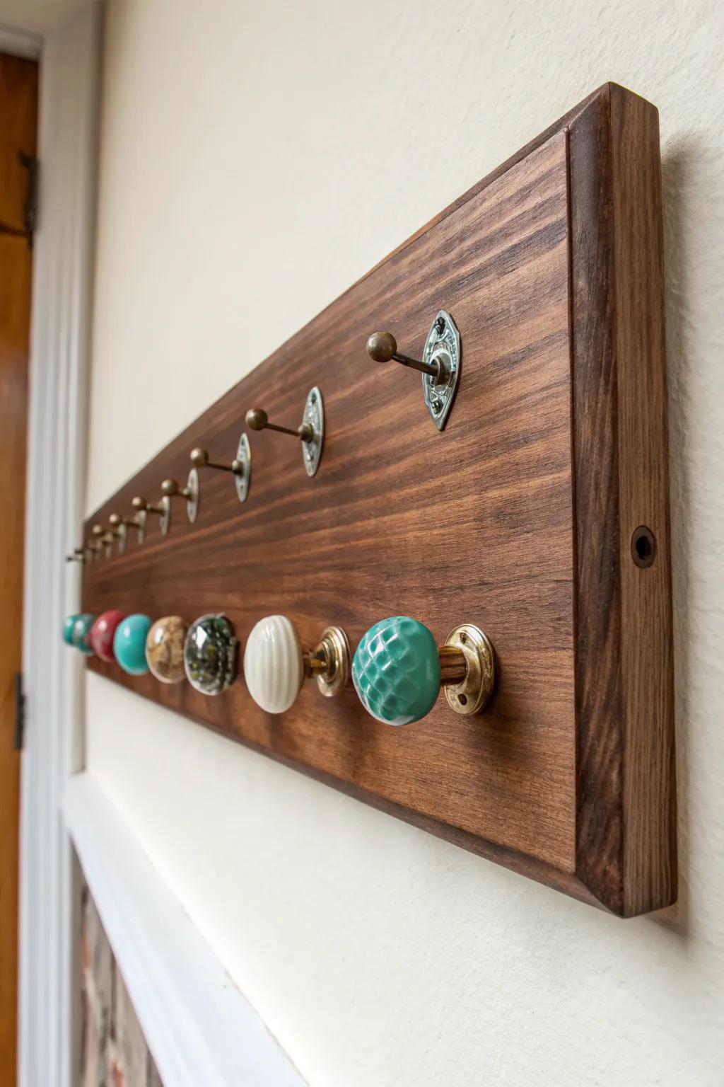 Upcycled vintage drawer pulls become a chic hook board—warm wood, brass, and bold contrast.