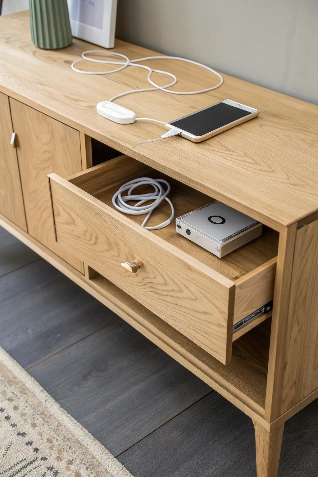 A calm entryway sideboard with a hidden charging drawer—no cords, just warm wood and order.