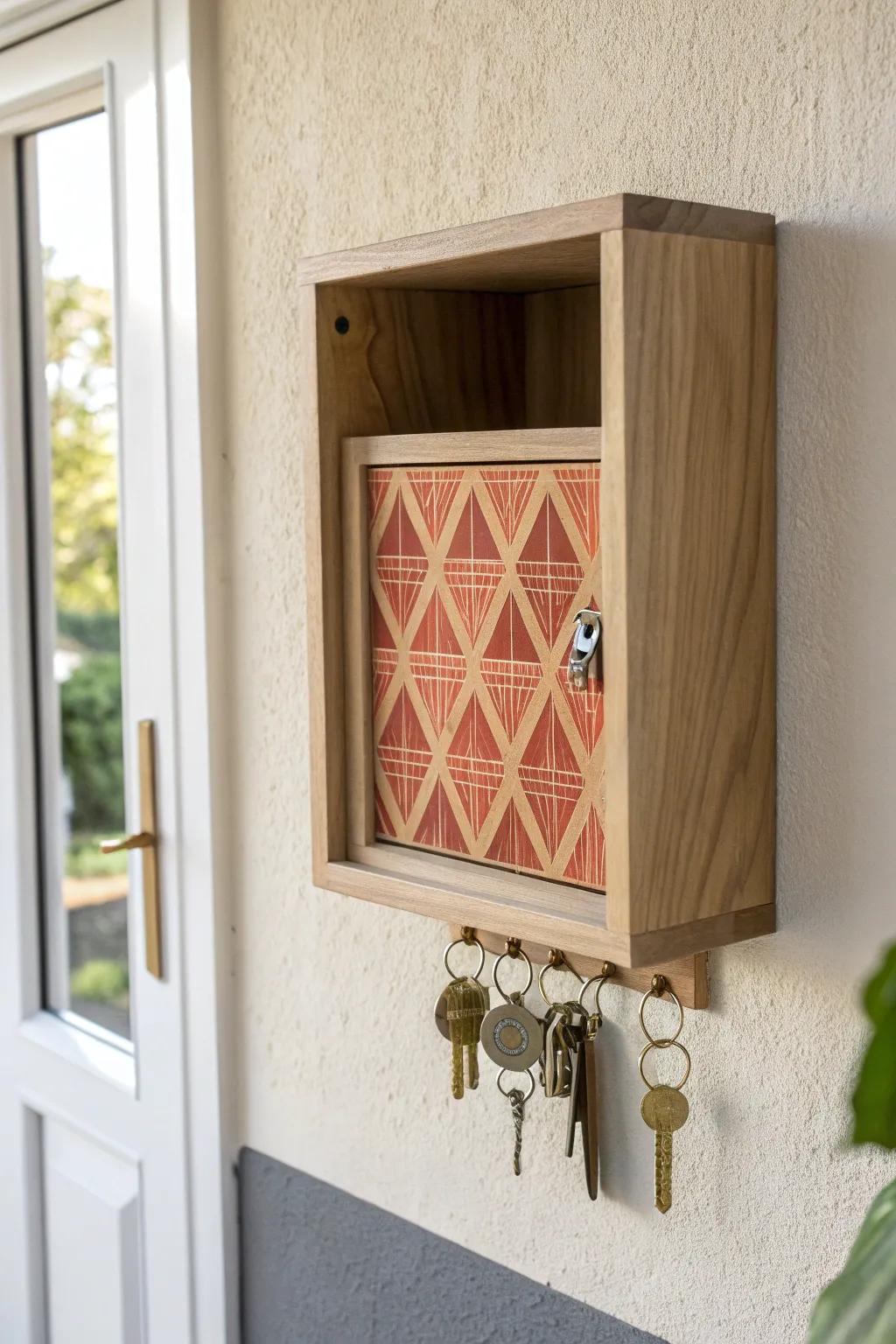 Mini key station cabinet: handcrafted oak + bold terracotta accent to calm entryway chaos.