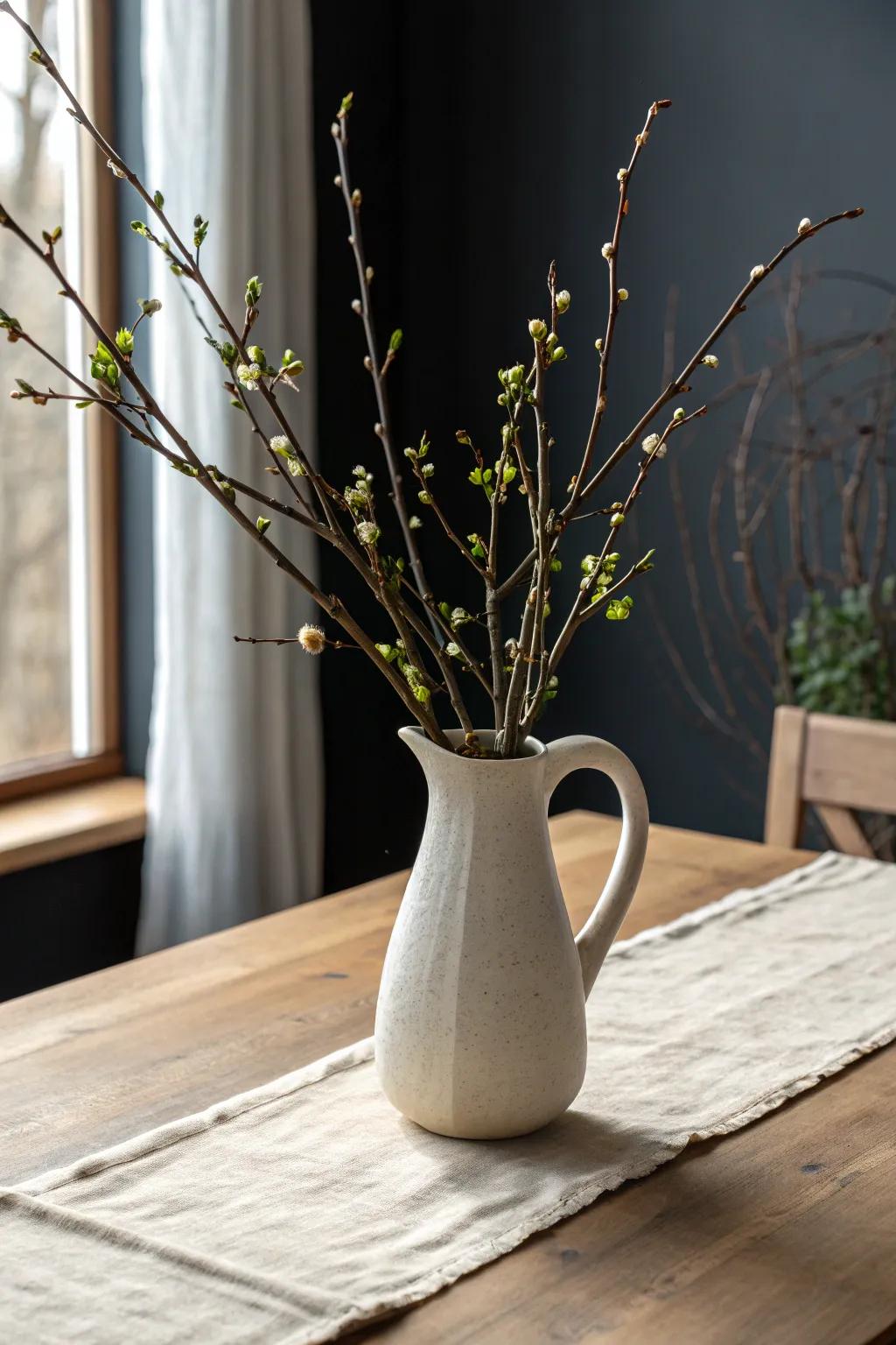 A simple ceramic pitcher with loose branches—effortless, farmhouse‑soft, and wood‑table perfect.