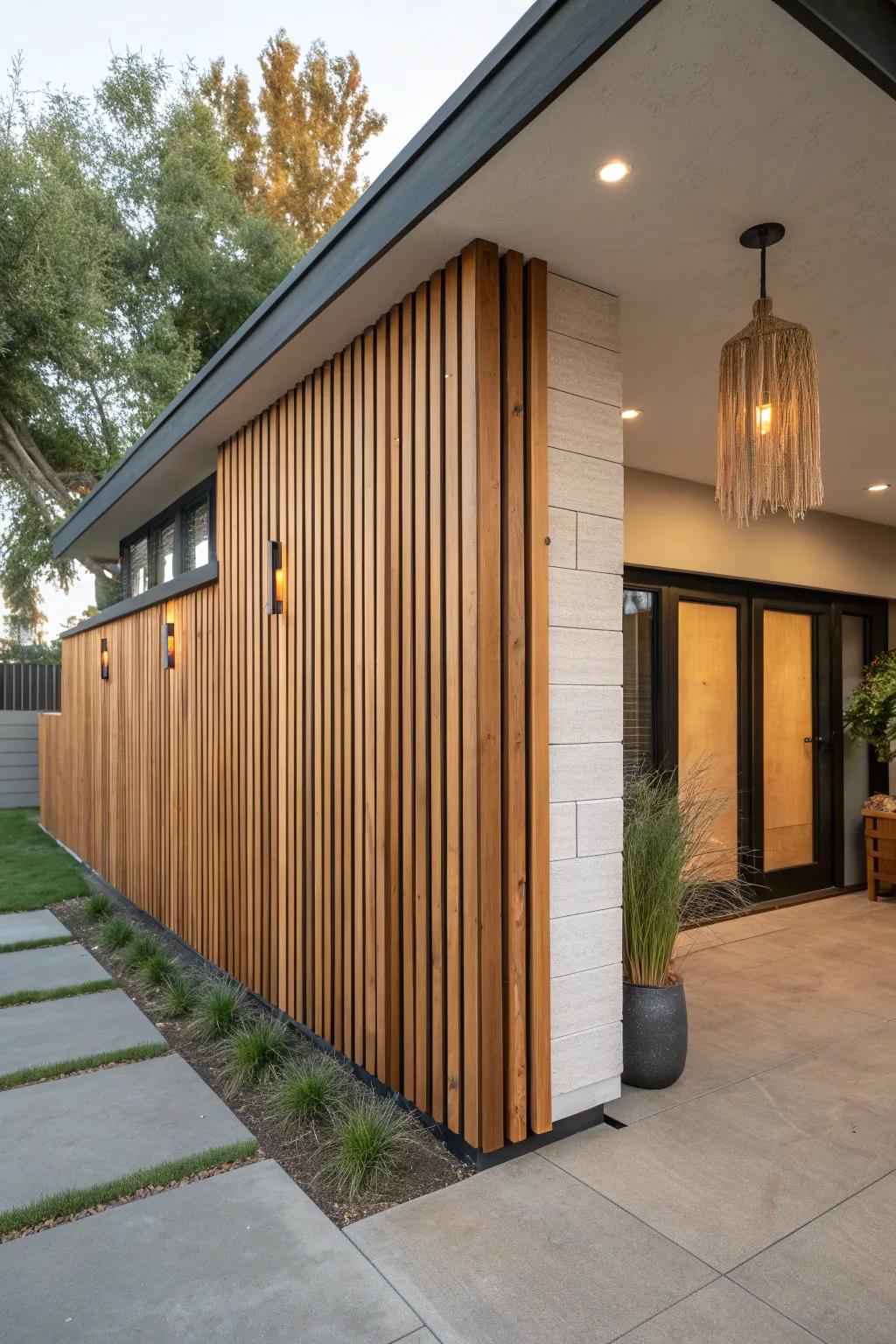 Seamless corner-wrap slats that define the patio zone with bold contrast and clean lines.