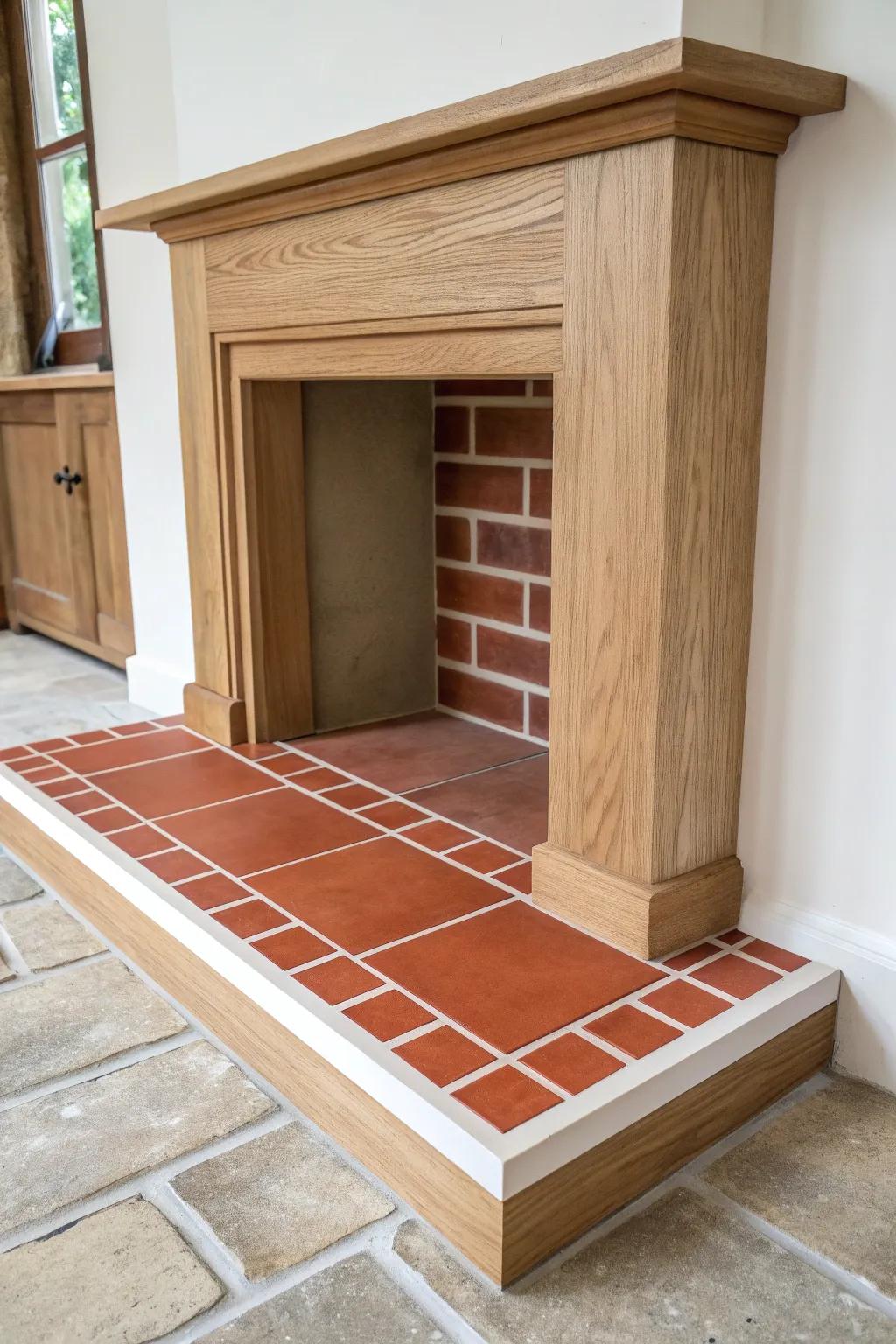 DIY raised hearth platform base—clean oak lines with a bold terracotta tile-look top for faux fireplace style.