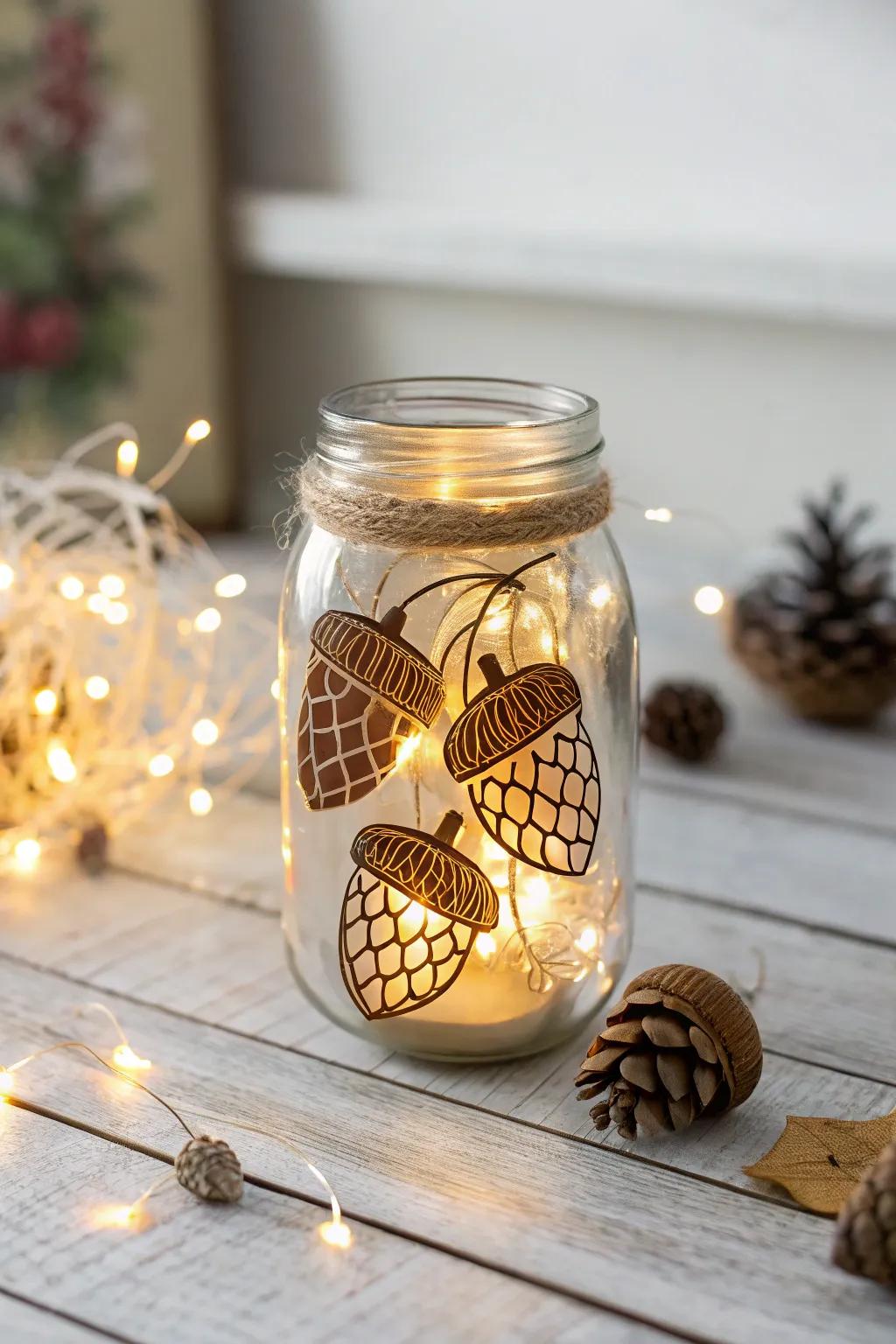 Embrace the beauty of autumn with this rustic acorn jar decor—perfect for adding a touch of warmth and elegance to your home this season.