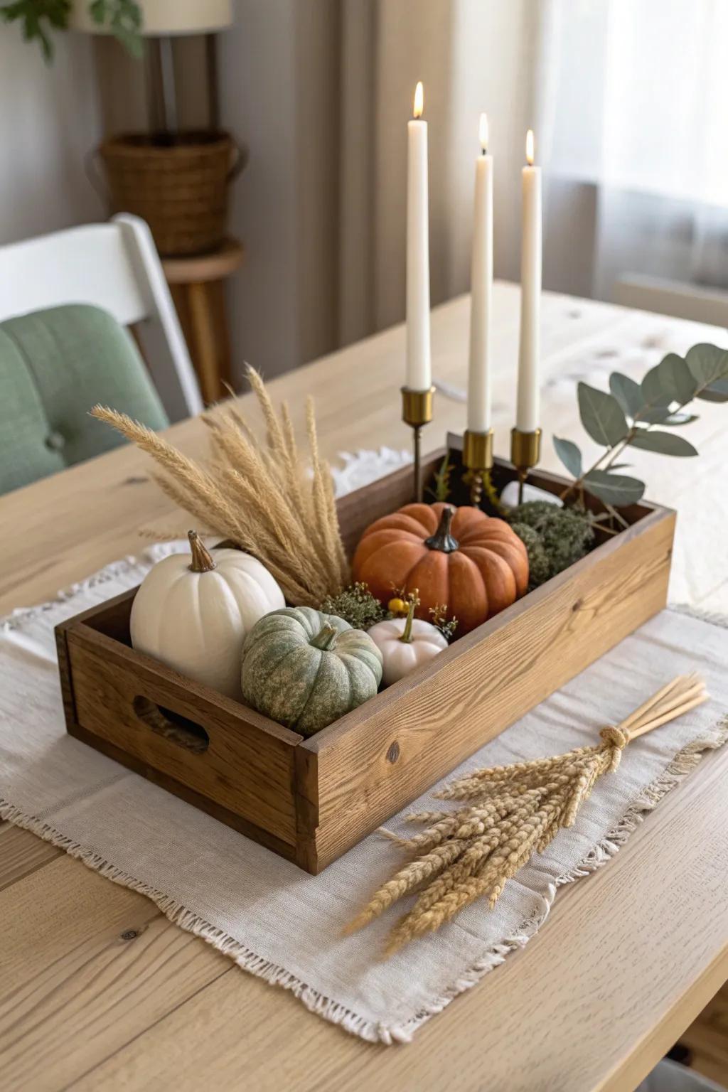A simple wood crate tray corrals pumpkins, candles, and greenery for effortless fall flair.