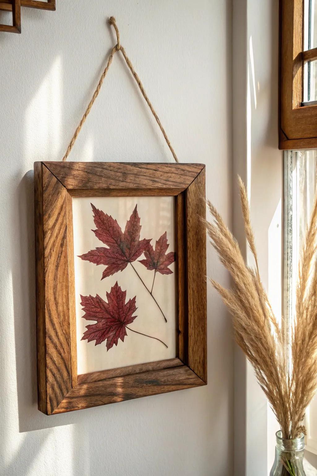 Moody fall gallery swap: a thrifted wooden frame with rich leaf art warms the entryway.