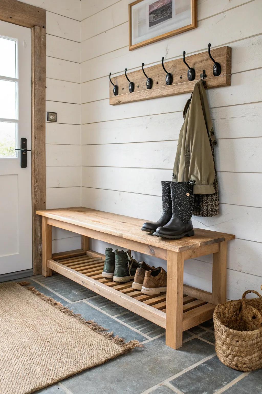 Mudroom-style entry corner: a handcrafted boot bench that keeps grit out and style in.