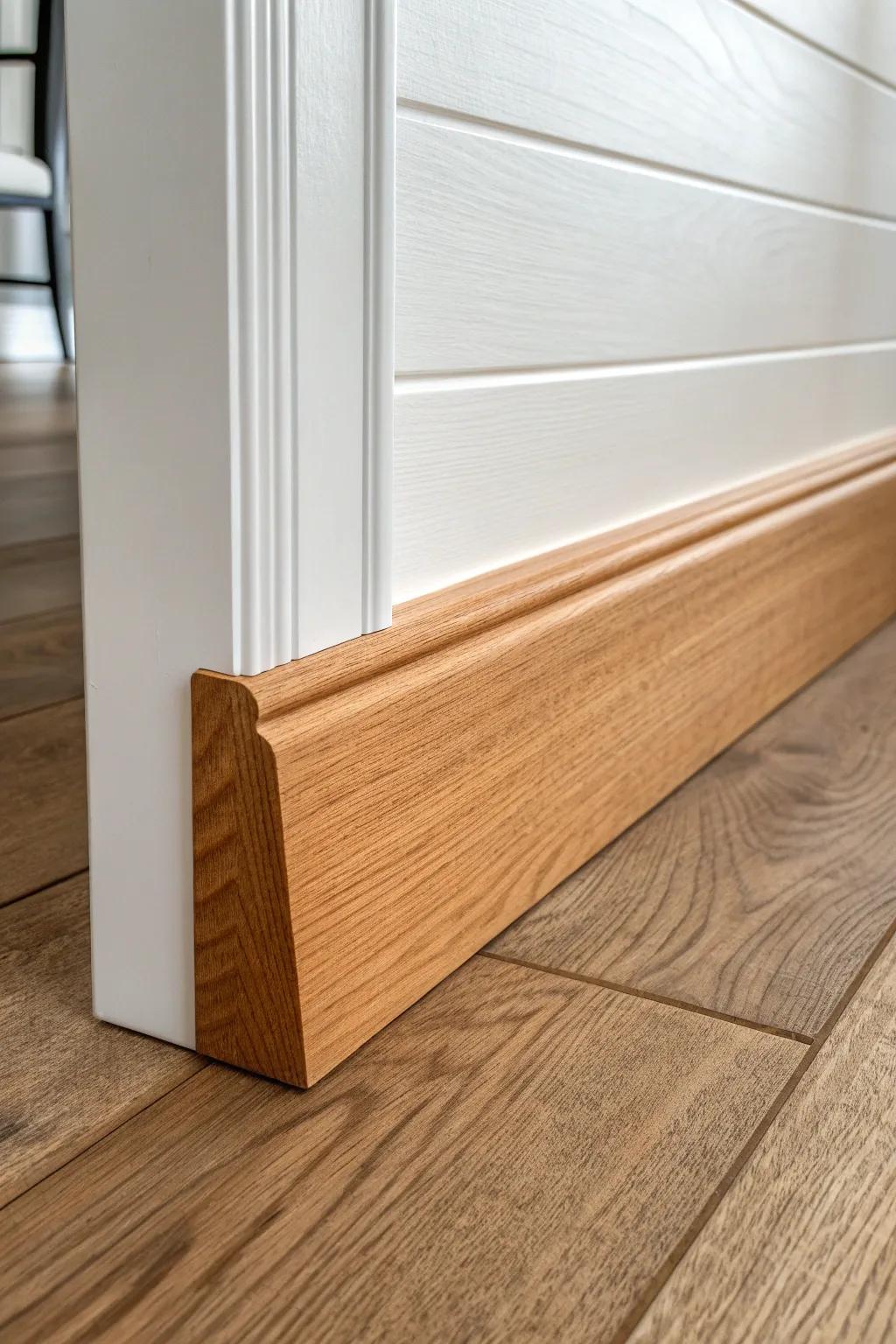 Flat-stock farmhouse baseboard + shiplap: clean lines, warm wood grain, timeless contrast.
