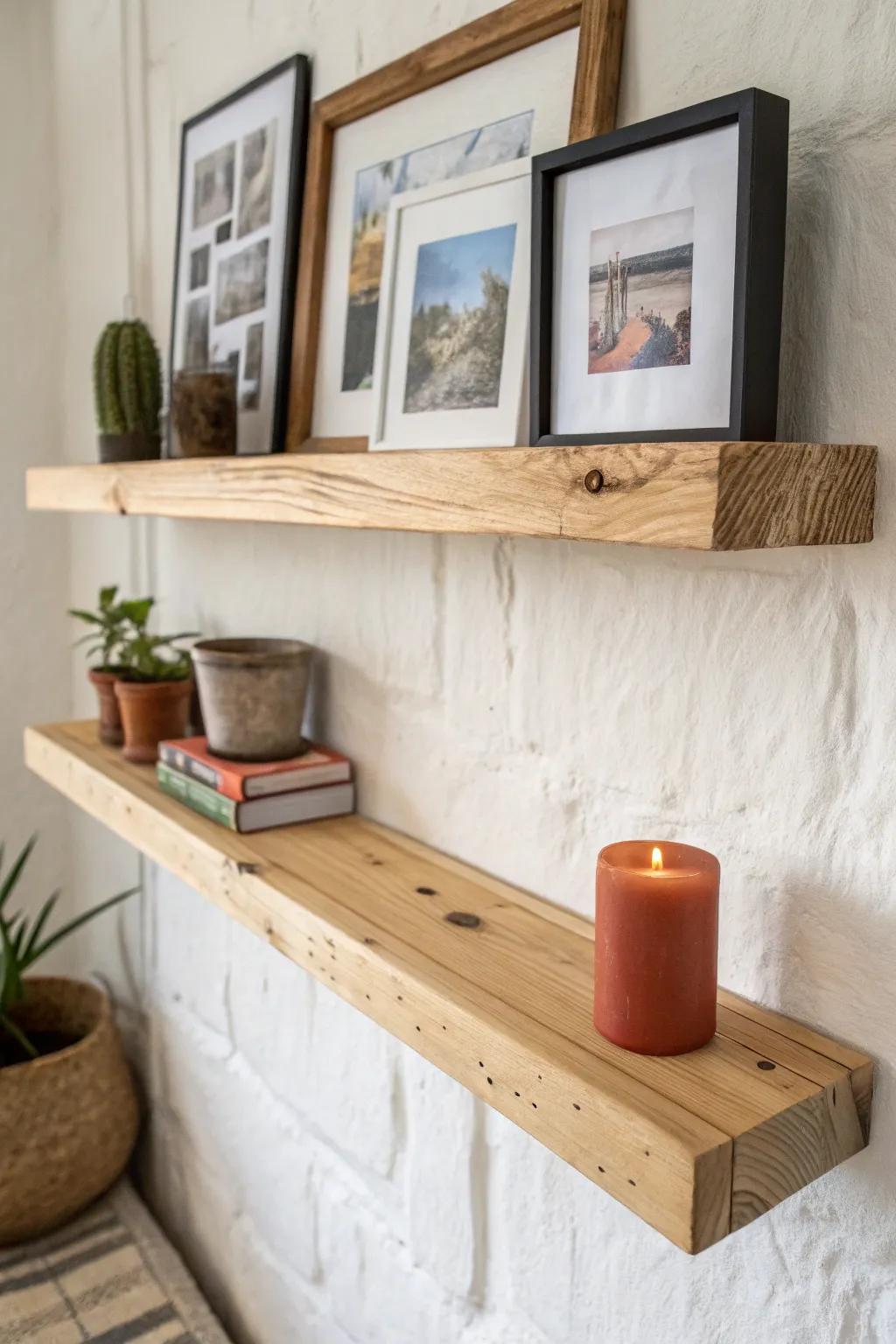 A slim pine floating shelf adds layered farmhouse warmth beneath basket wall decor.