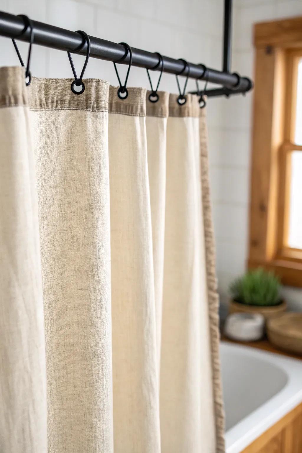 Budget farmhouse upgrade: a canvas drop-cloth shower curtain with a crisp iron-on hem.