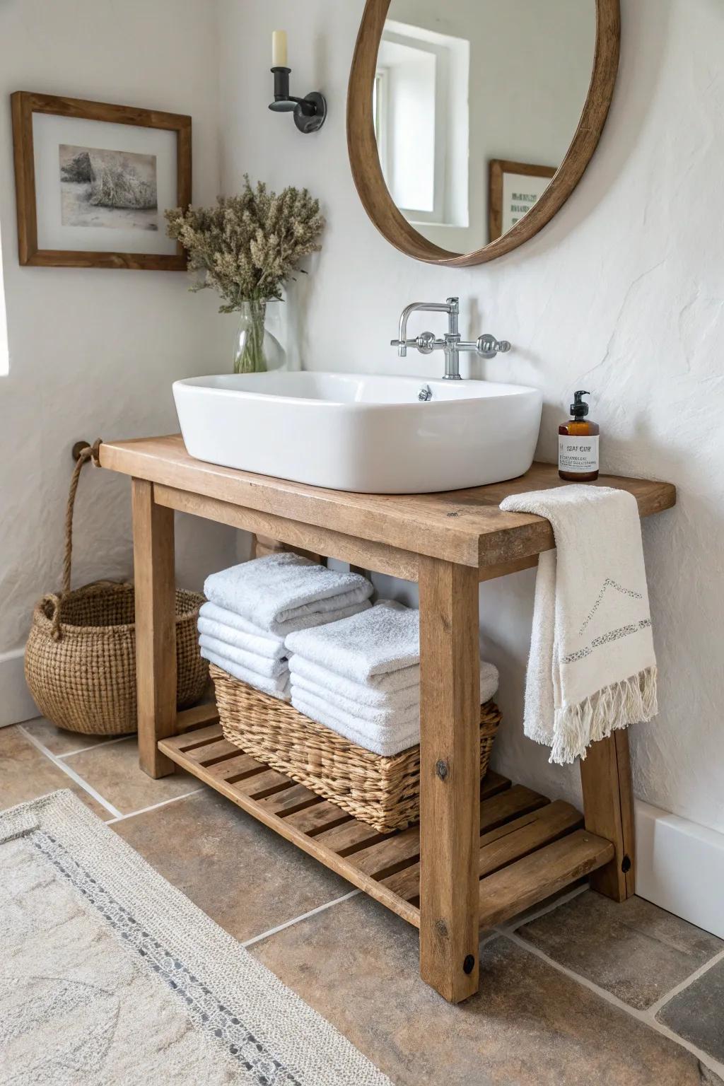 Wall-mounted sink + chunky oak bracket shelf for a grounded farmhouse bathroom look.