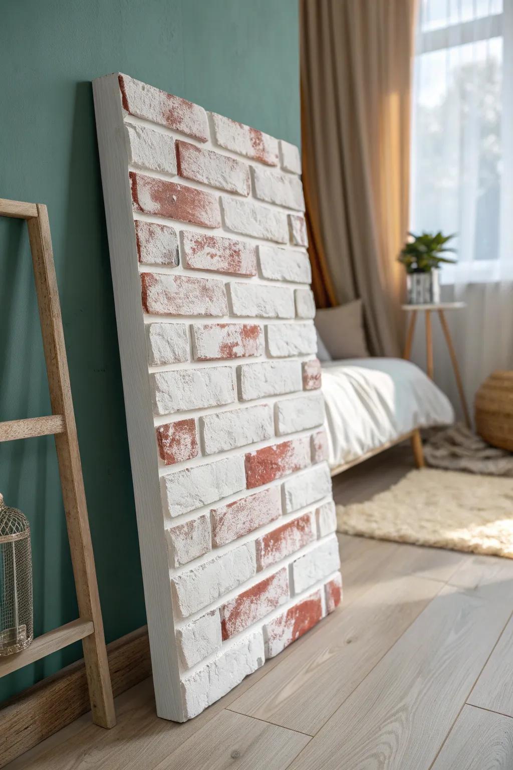 Budget farmhouse charm: a faux whitewashed brick panel that transforms a bedroom wall in minutes.