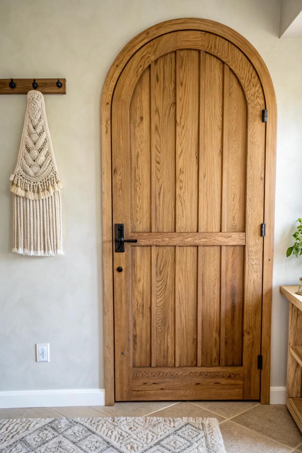 An arched plank closet door brings instant farmhouse wow—simple, handcrafted, and high-end.