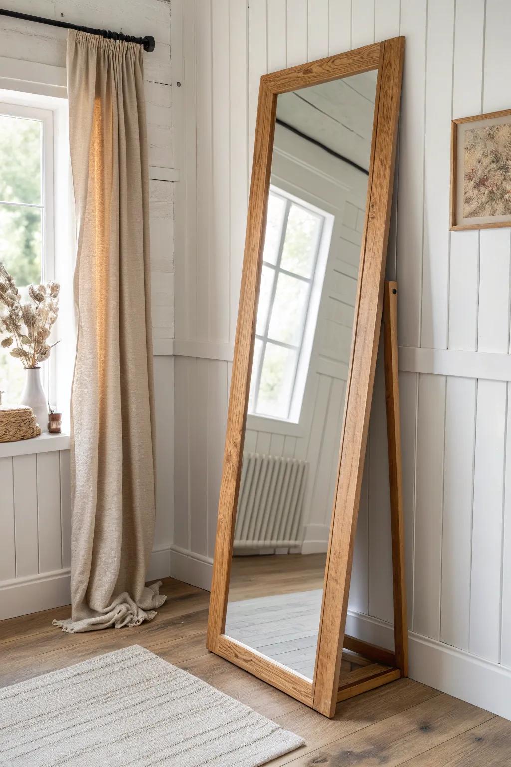 A full-length oak mirror that brightens farmhouse closets and makes small spaces feel airy.