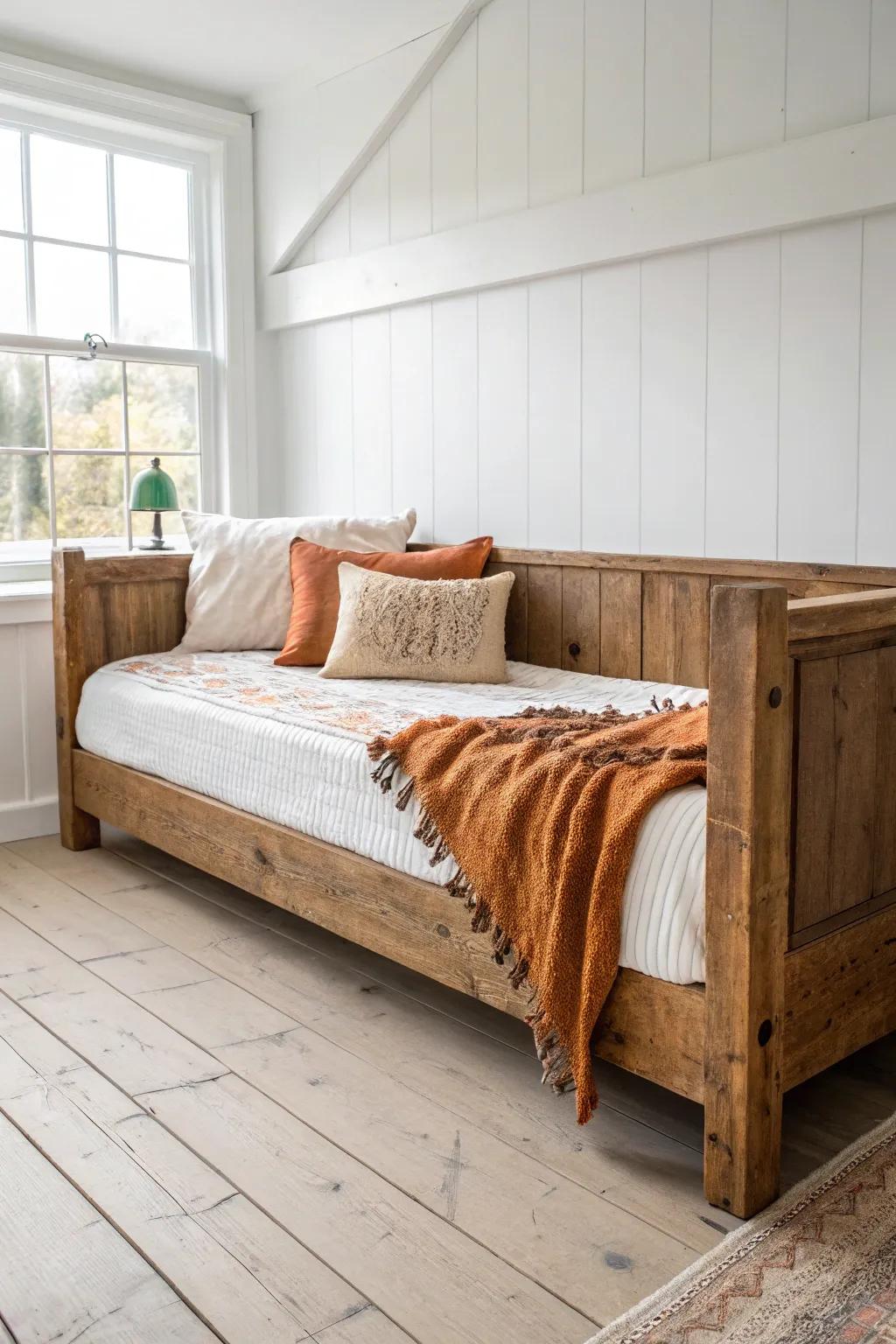 Chunky reclaimed wood rail with glowing grain—farmhouse daybed charm, minimalist + boho.