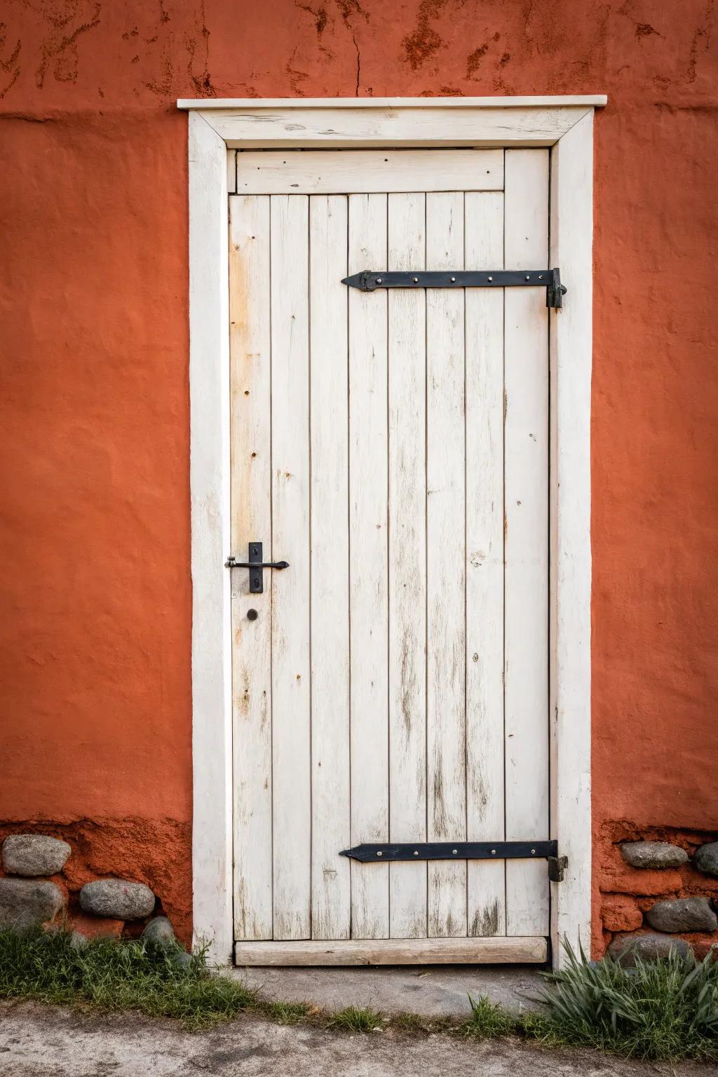 Warm white distressed farmhouse door—layered paint and sanded edges for instant history.